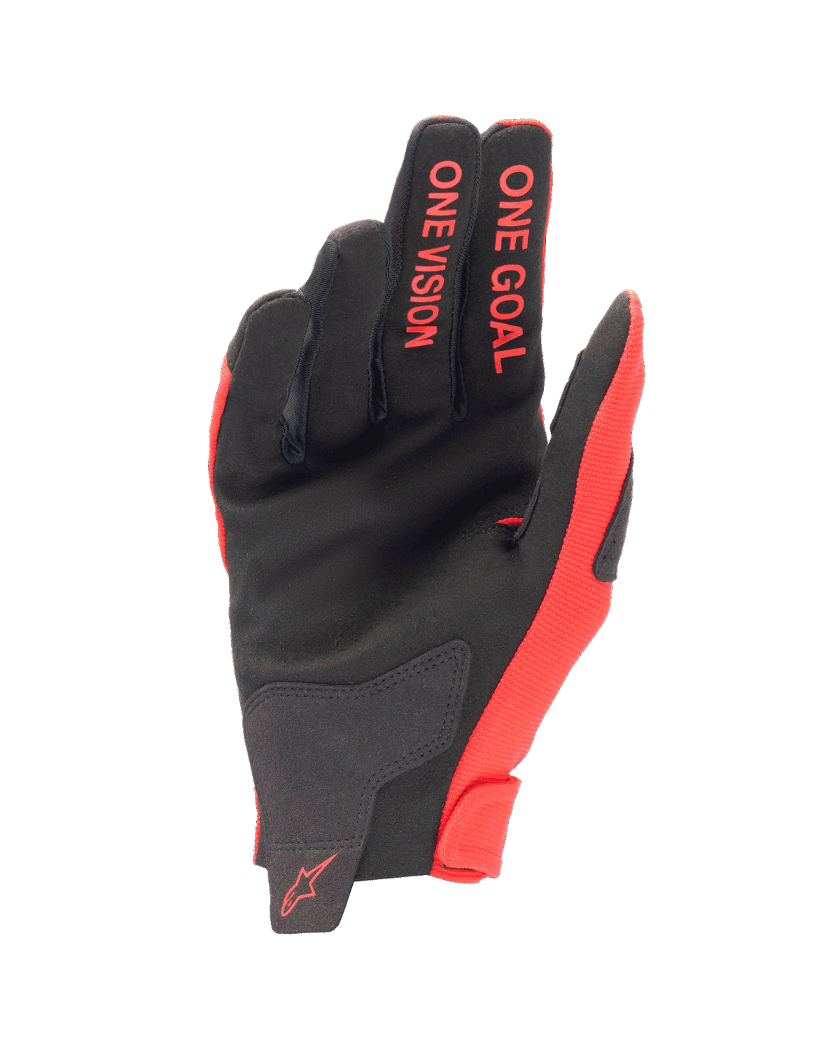 Alpinestars Youth 2024 Radar Gloves, luvas de motocross, vermelho Mars e preto, vista da palma mostrando construção em camurça sintética, texto 'ONE GOAL ONE VISION' nos dedos, equipamento leve para corridas todo-o-terreno