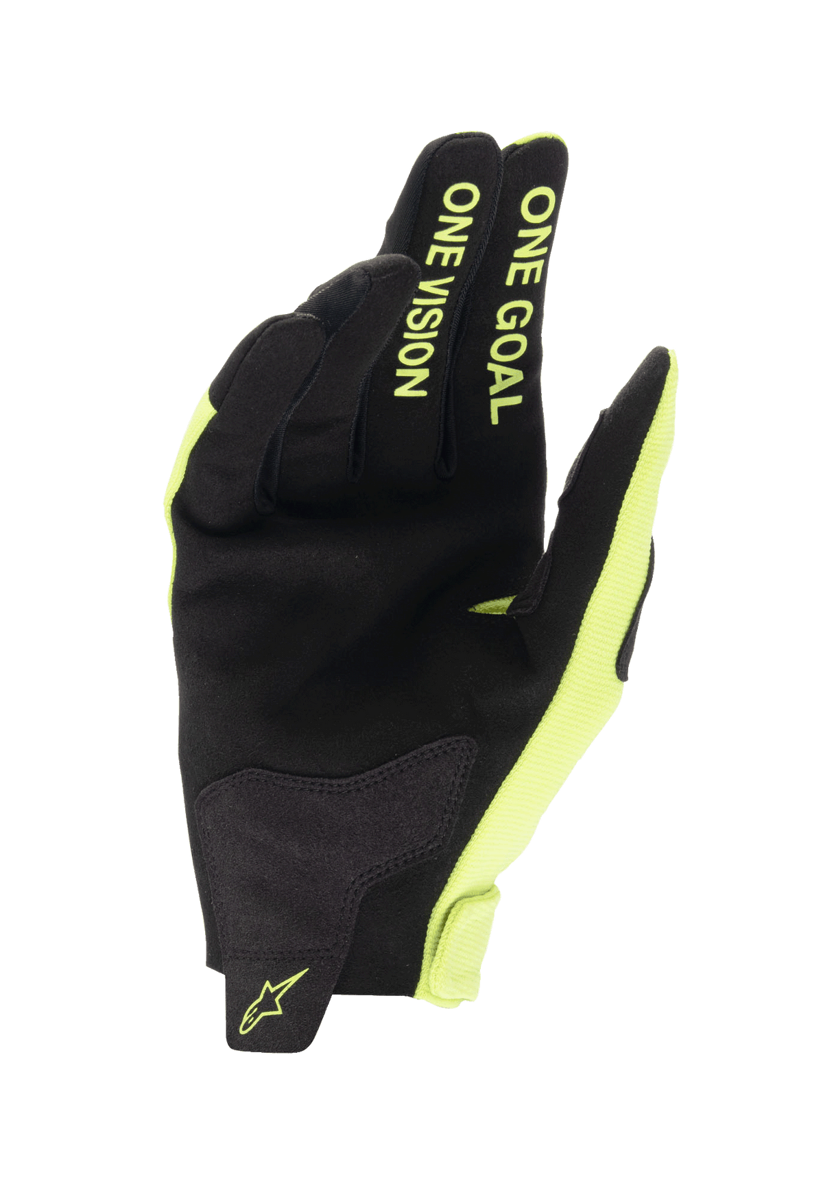 Luvas Alpinestars Radar Jovem 2024, luvas de motocross, preto e amarelo fluorescente, vista da palma com construção em camurça sintética, texto 'ONE GOAL ONE VISION' nos dedos em amarelo fluorescente, design resistente para corridas todo-o-terreno