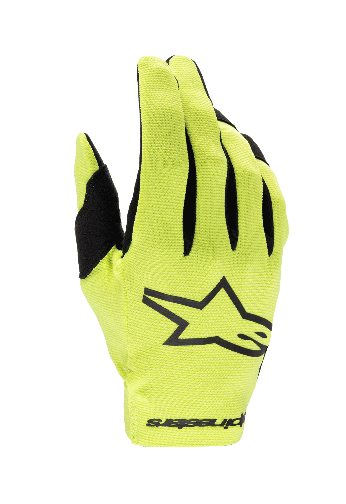 Alpinestars 2024 Youth Radar Gloves, luvas de motocross, amarelo fluo e preto, com um grande logótipo de estrela preta no dorso, tecido elástico leve com detalhes pretos nos dedos, proteção de alta performance para jovens