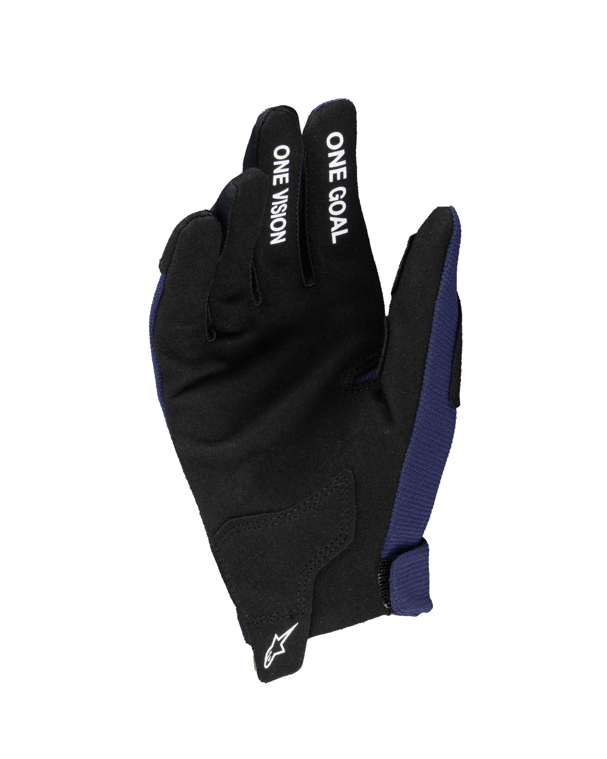Luvas Alpinestars Radar Jovem 2025, luvas de motocross, azul marinho e preto, com palma em camurça sintética, texto branco 'ONE GOAL' e 'ONE VISION' nos dedos, logótipo Astars branco no pulso, construção de camada única para todo-o-terreno