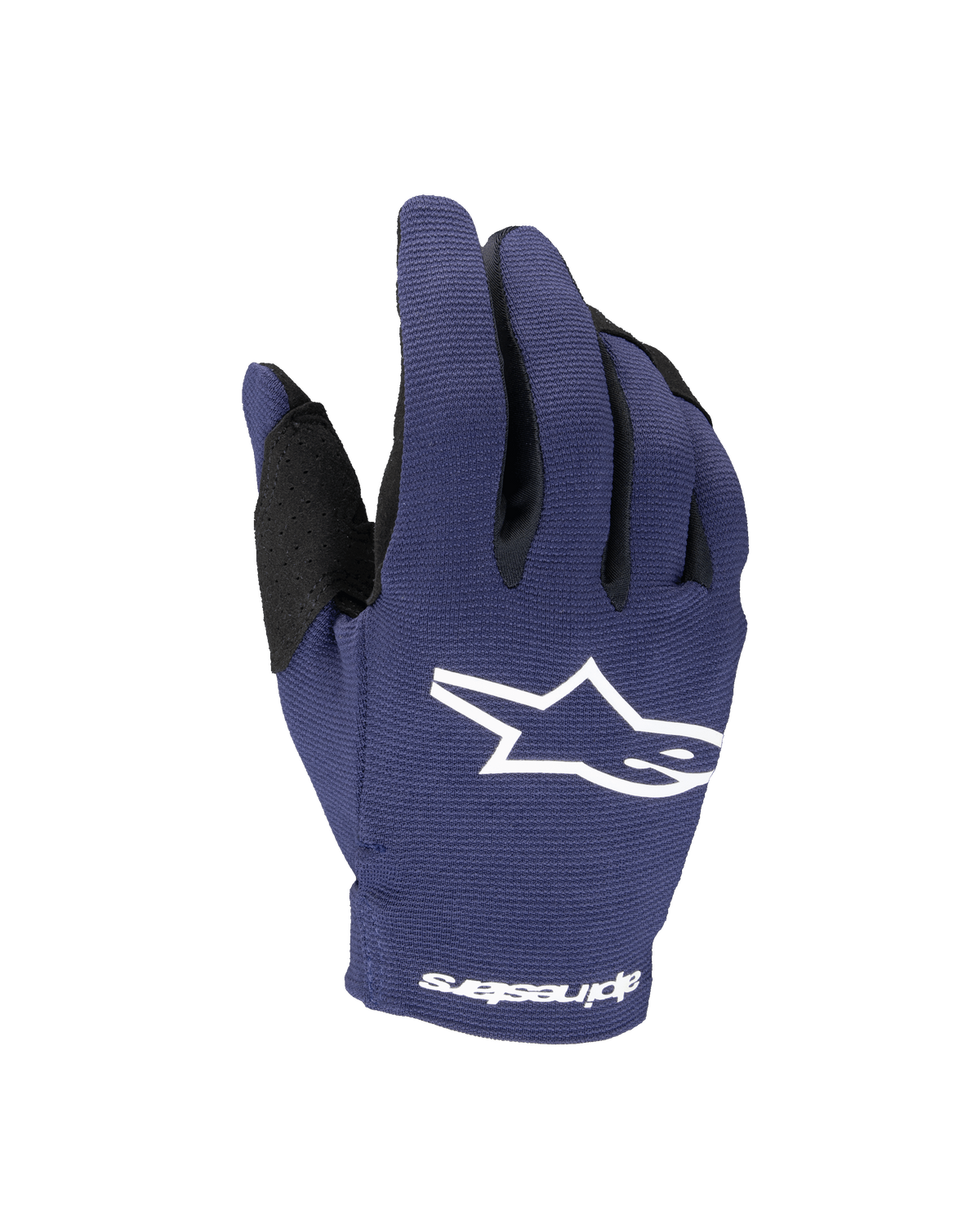 Luvas Alpinestars 2025 Youth Radar, luvas de motocross, azul marinho e branco, com logótipo de estrela branco no dorso e texto Alpinestars no punho, construção elástica de camada única para corridas de todo-o-terreno