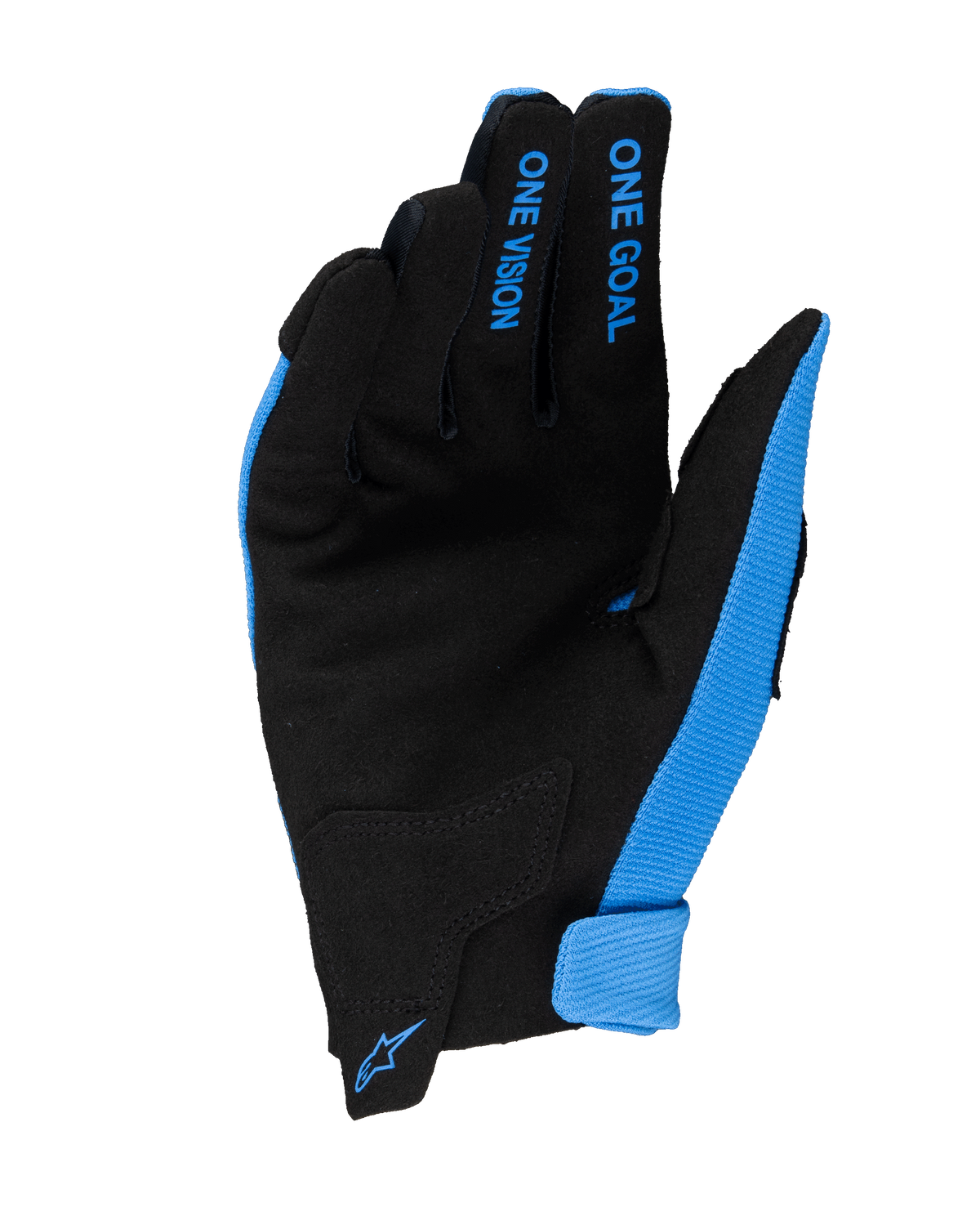 Alpinestars 2025 Youth Radar Gloves, luvas de motocross, azuis e pretas, vista da palma com construção em camurça sintética, texto "ONE GOAL" e "ONE VISION" azul nos dedos, pequeno logótipo Alpinestars azul no fecho do pulso