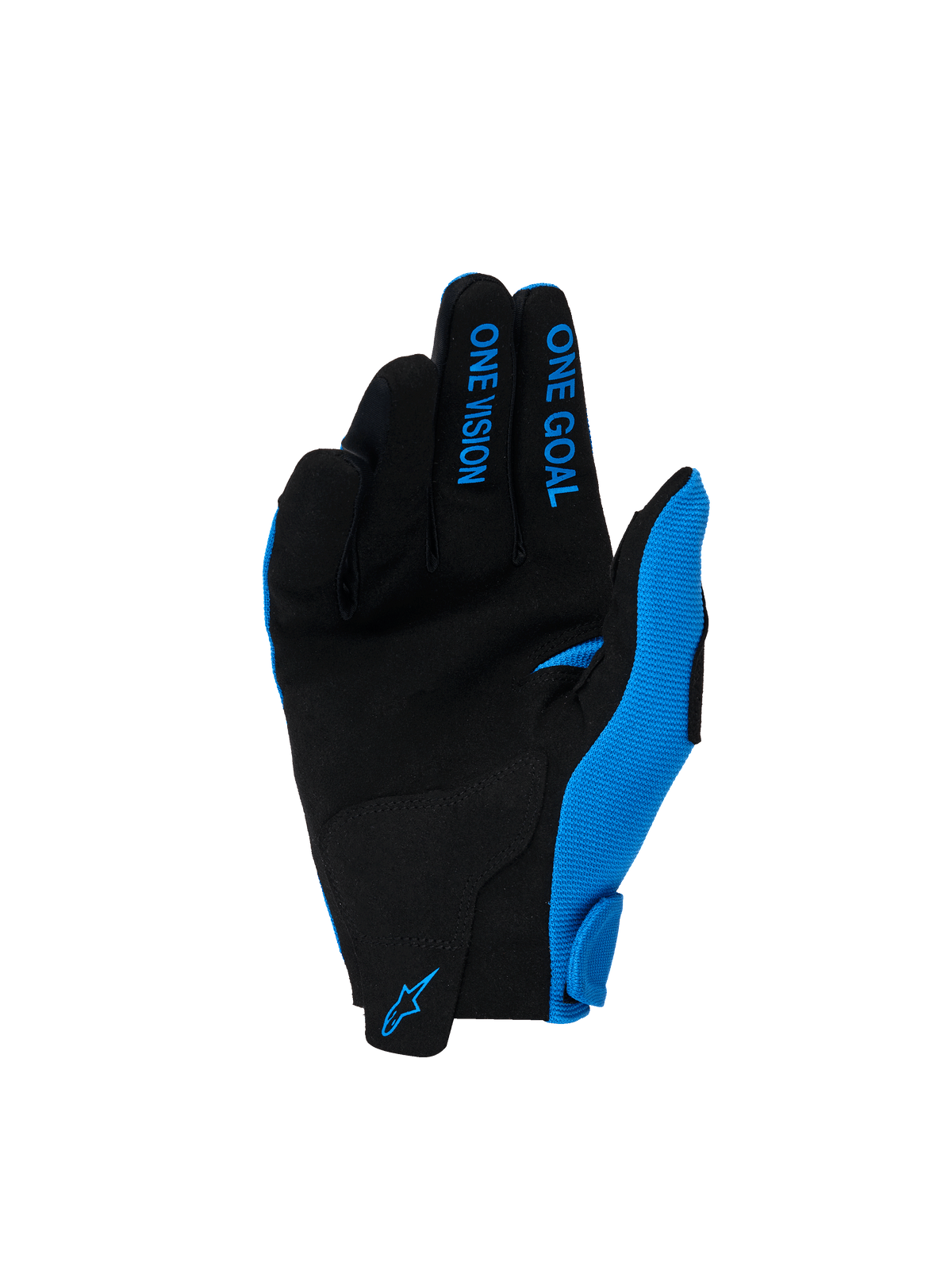 Alpinestars 2026 Youth Radar Gloves, luvas de motocross, azul Ucla e branco, palma em camurça sintética preta, texto 'ONE GOAL' e 'ONE VISION' em azul nos dedos, logótipo Alpinestars azul no pulso, concebidas para performance todo-o-terreno