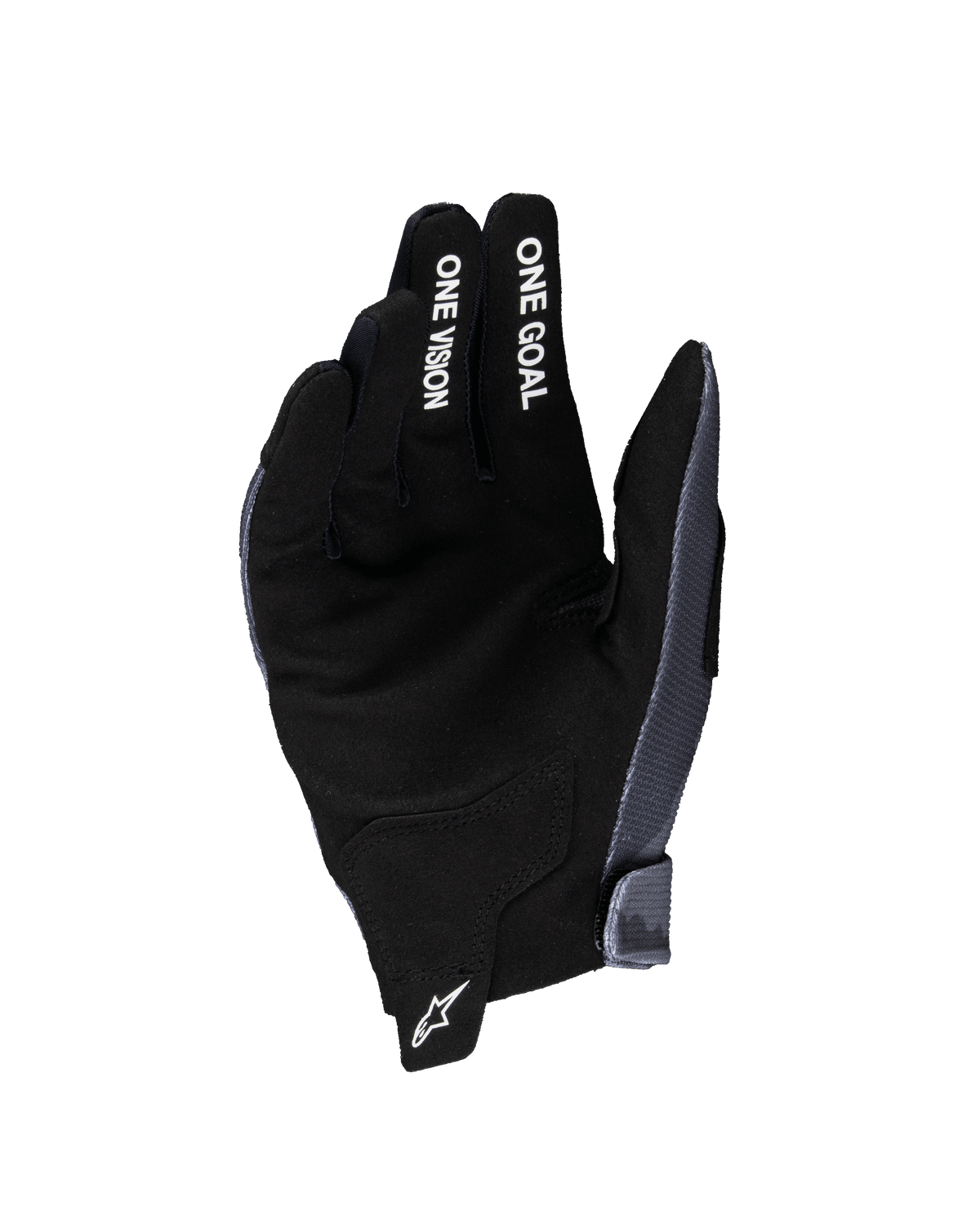 Alpinestars 2025 Youth Radar Gloves, Motocross Gloves, Gray and Black, palm side view with synthetic suede material, white 'ONE GOAL' and 'ONE VISION' text on fingers, white star logo on wrist pull tab, specialized for youth off-road racing