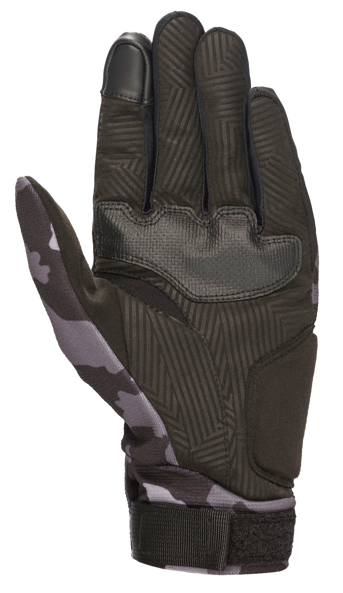 Luvas Alpinestars Youth Reef, Preto e Cinzento Camuflado, vista da palma em camurça sintética com textura aderente, padrão camuflado no polegar e pulso, dedo indicador compatível com ecrã tátil, luvas de motociclismo urbanas