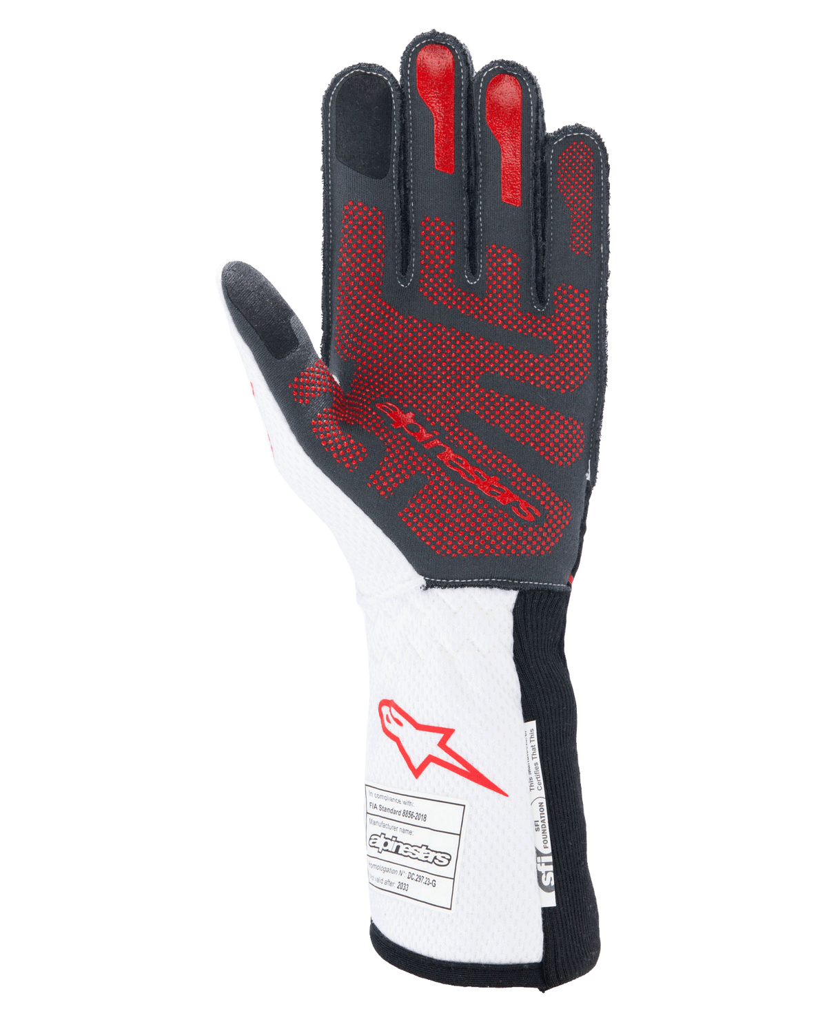 Luvas Alpinestars Tech-1 ZX V4, luvas de automobilismo, pretas, brancas e vermelhas, vista da palma com padrão de aderência em silicone 3D vermelho, punho longo branco com logótipo Alpinestars vermelho e etiquetas de certificação FIA e SFI