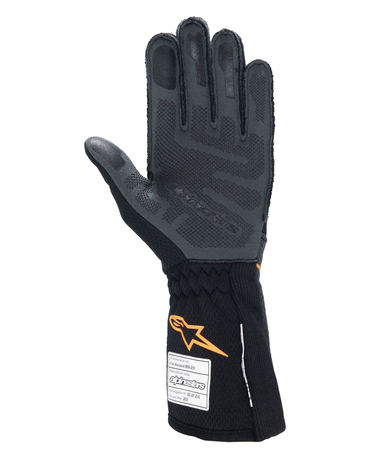 Luvas Alpinestars Tech-1 ZX V4, luvas de automobilismo, pretas e laranja fluorescente, vista da palma com padrão de aderência de silicone 3D e textura em favo de mel, etiquetas de homologação FIA e SFI visíveis no punho, equipamento profissional de desportos motorizados