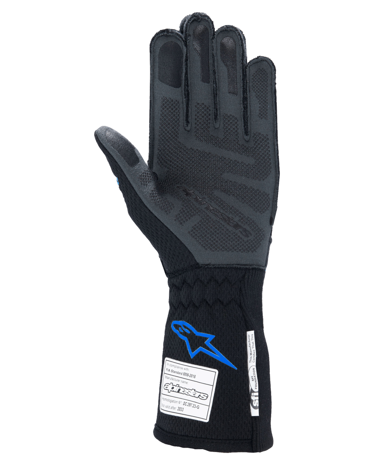 Luvas Alpinestars Tech-1 ZX V4, luvas de automobilismo, pretas e azuis, vista da palma com tecnologia de aderência em silicone 3D cinzento, etiquetas de certificação FIA e SFI no punho, proteção profissional para desportos motorizados