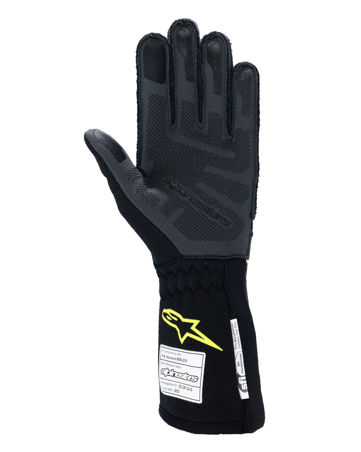 Luvas Alpinestars Tech-1 ZX V4, luvas de automobilismo, cinzento Tar e preto com logótipo amarelo néon, vista da palma com aderência de silicone 3D texturizada e etiquetas de certificação de segurança FIA/SFI, equipamento profissional de desporto motorizado
