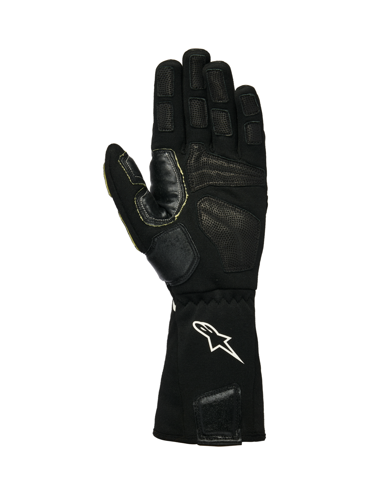 Alpinestars Tech-M V2 Gloves FIA, Pit-Crew Gloves, Black and White, palm view showing textured leather and silicone grip patches, white star logo on the elasticated cuff, designed for motorsport wheel gun use
