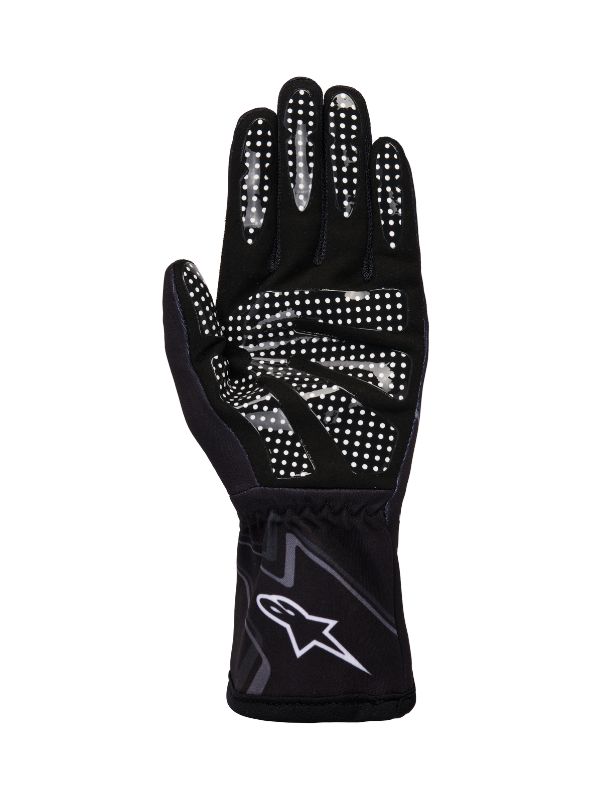 Luvas Alpinestars Tech-1 K Race V2 Graphic 1, luvas de karting, preto, cinzento Tar e branco, vista da palma mostrando o padrão de aderência em silicone branco e logótipo Alpinestars no punho