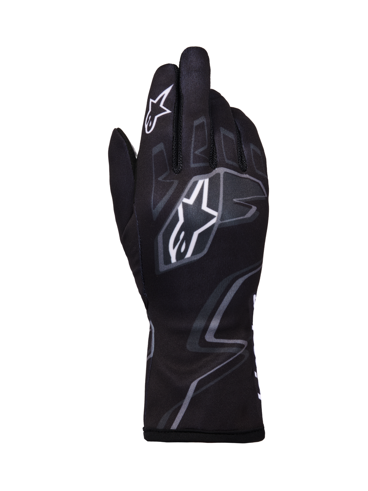 Luvas Alpinestars Tech-1 K Race V2 Graphic 1, luvas de karting, pretas com padrões geométricos brancos e cinzentos, com o logótipo de estrela da Alpinestars, construção têxtil leve com gráficos impressos