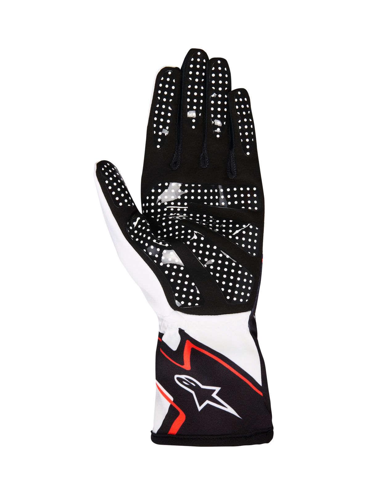 Alpinestars Tech-1 K Race V2 Gloves Graphic 1, luvas de karting, branco, preto e laranja vibrante, vista da palma em camurça sintética preta com pontos de silicone brancos, design ergonómico com logótipo Alpinestars no punho