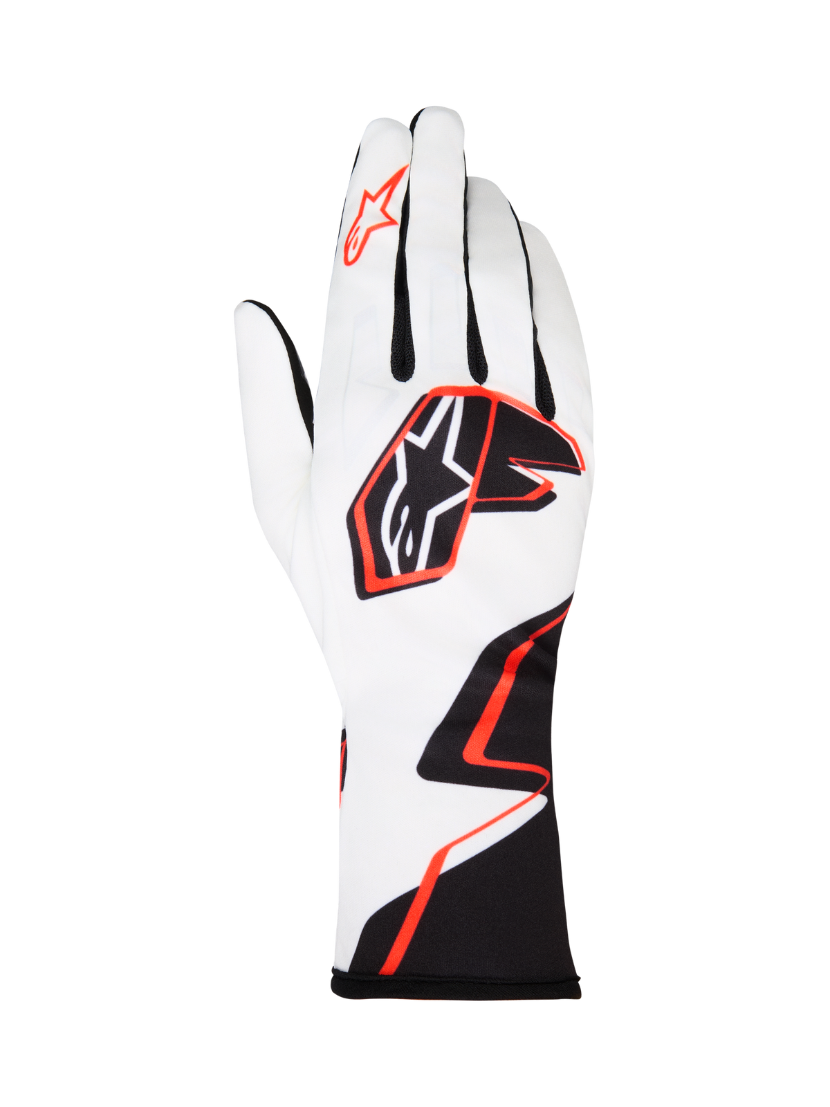 Alpinestars Tech-1 K Race V2 Gloves Graphic 1, luvas de karting, brancas com design geométrico em preto e laranja vibrante, com o logótipo de estrela da Alpinestars nas costas da mão e no dedo indicador, tecido leve e respirável com punho estendido