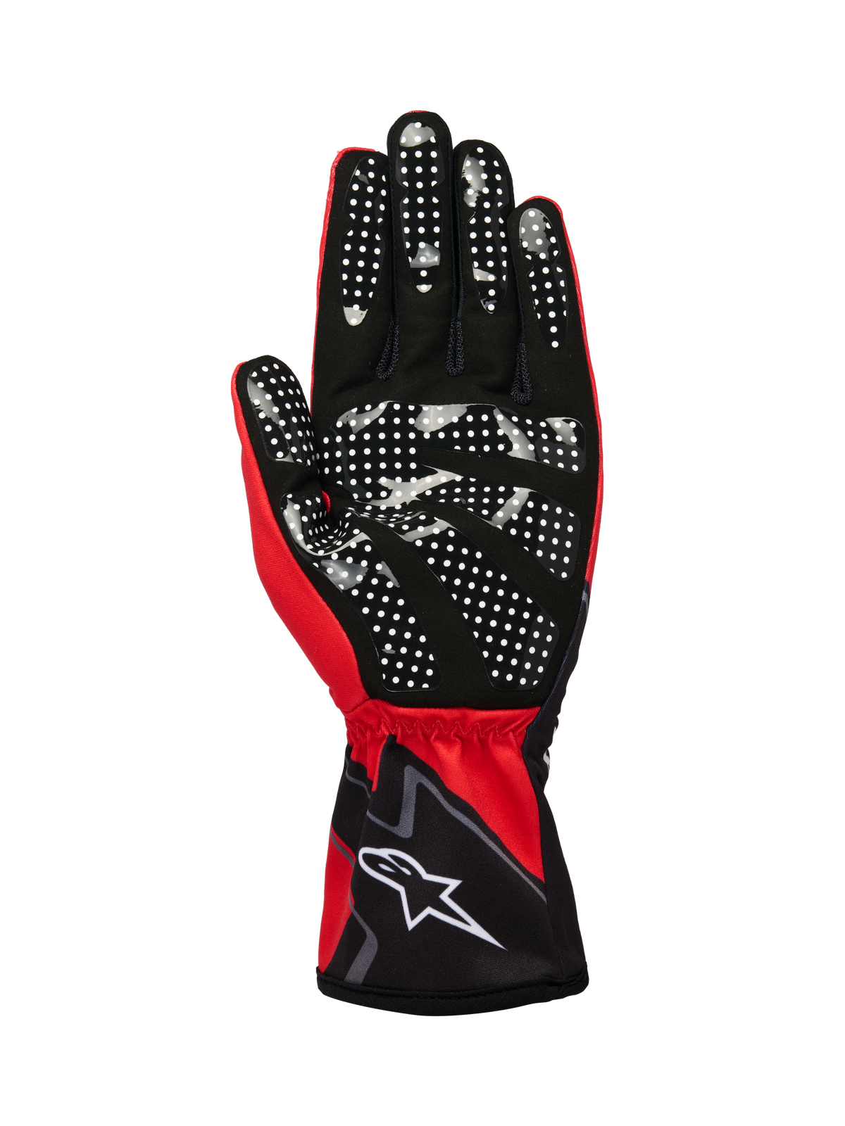 Alpinestars Tech-1 K Race V2 Gloves Graphic 1, luvas de karting, vermelho vivo, preto e branco, vista da palma com padrão de pontos de silicone brancos para maior aderência, material de camurça sintética, punho elástico com logótipo branco