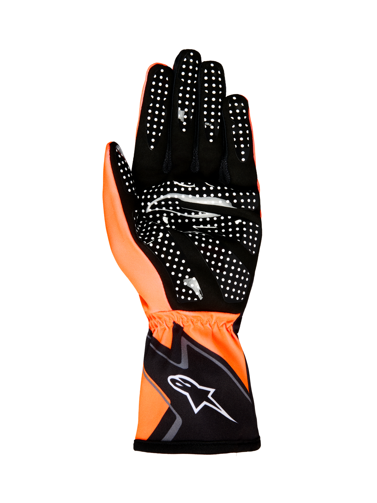 Alpinestars Tech-1 K Race V2 Gloves Graphic 1, luvas de karting, laranja fluorescente e preto, vista da palma com padrão de aderência em silicone branco e logótipo Alpinestars no punho
