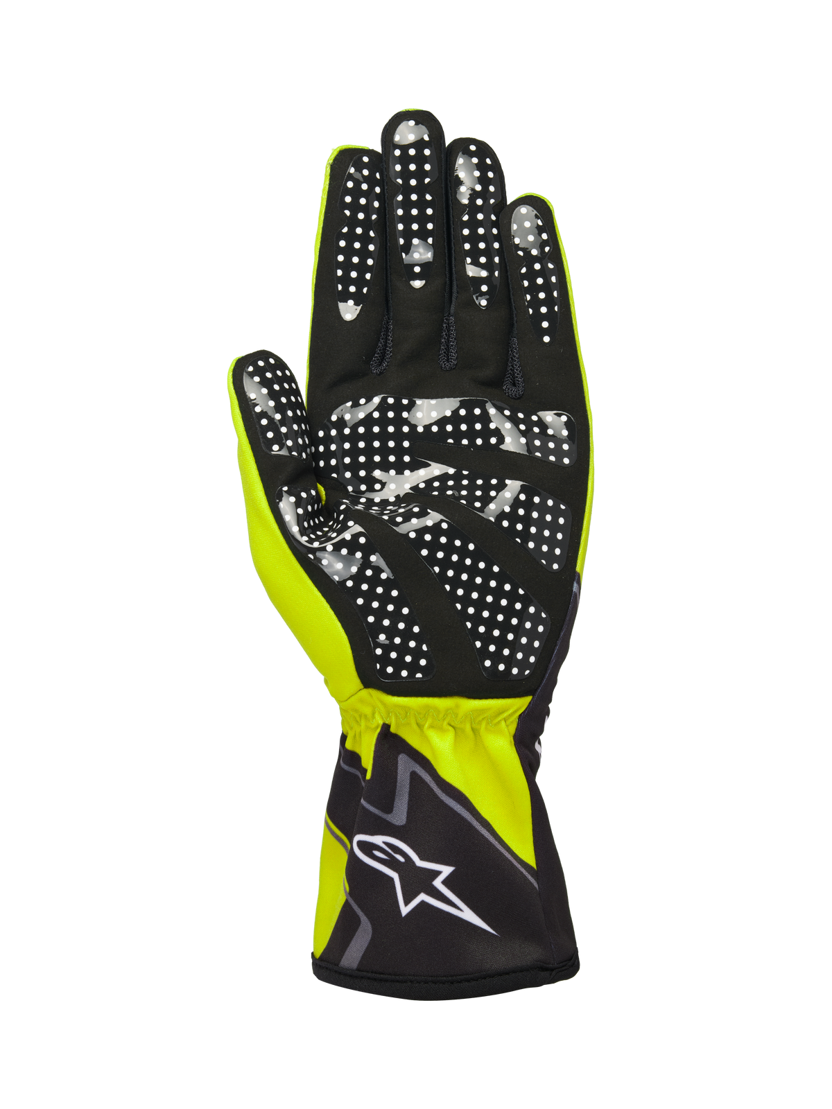 Luvas Alpinestars Tech-1 K Race V2 Graphic 1, Amarelo Fluo, Preto e Branco, vista da palma em camurça sintética preta com padrão de aderência pontilhado em silicone branco, punho elástico com logótipo Alpinestars branco, luva de karting de alta performance
