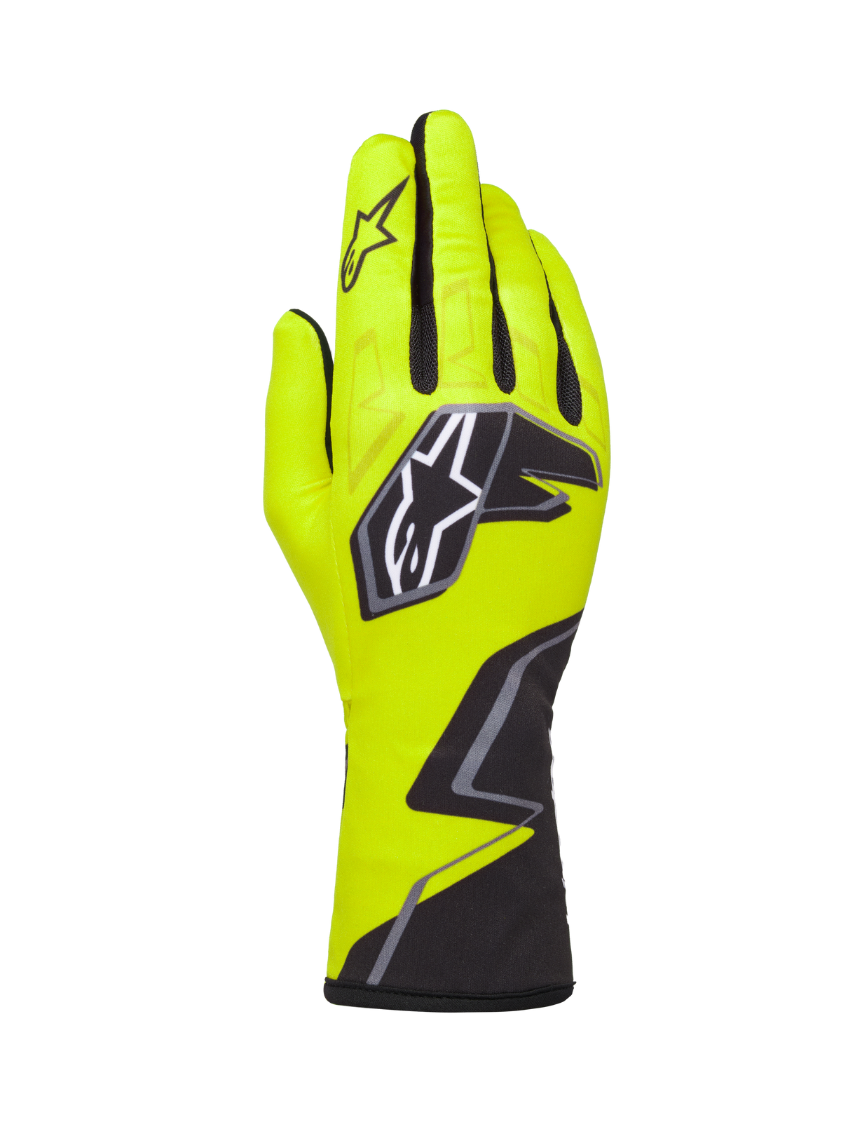 Alpinestars Tech-1 K Race V2 Gloves Graphic 1, Karting Racing Gloves, Yellow Fluo, Black and White, featuring a large star logo on the back and a geometric pattern at the wrist, professional motorsport gear