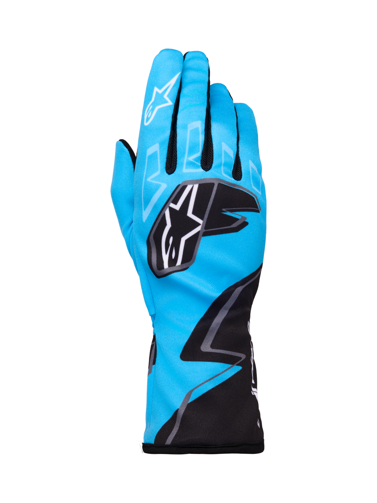 Alpinestars Tech-1 K Race V2 Gloves Graphic 1, luvas de karting, azul ciano, preto e branco, com padrões geométricos arrojados, logótipo da estrela Alpinestars a branco nos nós dos dedos, punho estendido, material leve e respirável para performance em karting
