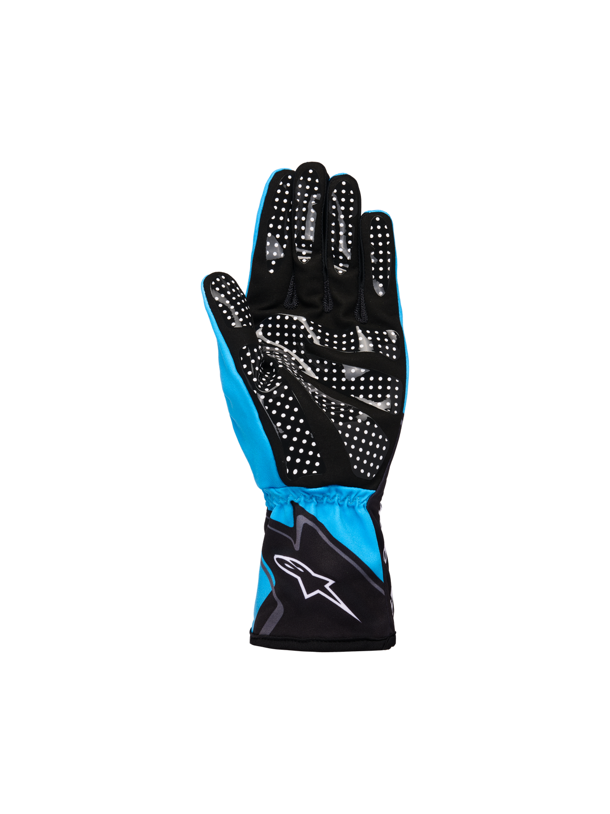 Luvas Alpinestars Youth Tech-1 K Race S V2 Graphic 1, ciano, preto e branco, vista da palma com padrão de aderência em silicone pontilhado a branco, construção leve em têxtil e camurça sintética com logótipo Alpinestars no punho elástico.