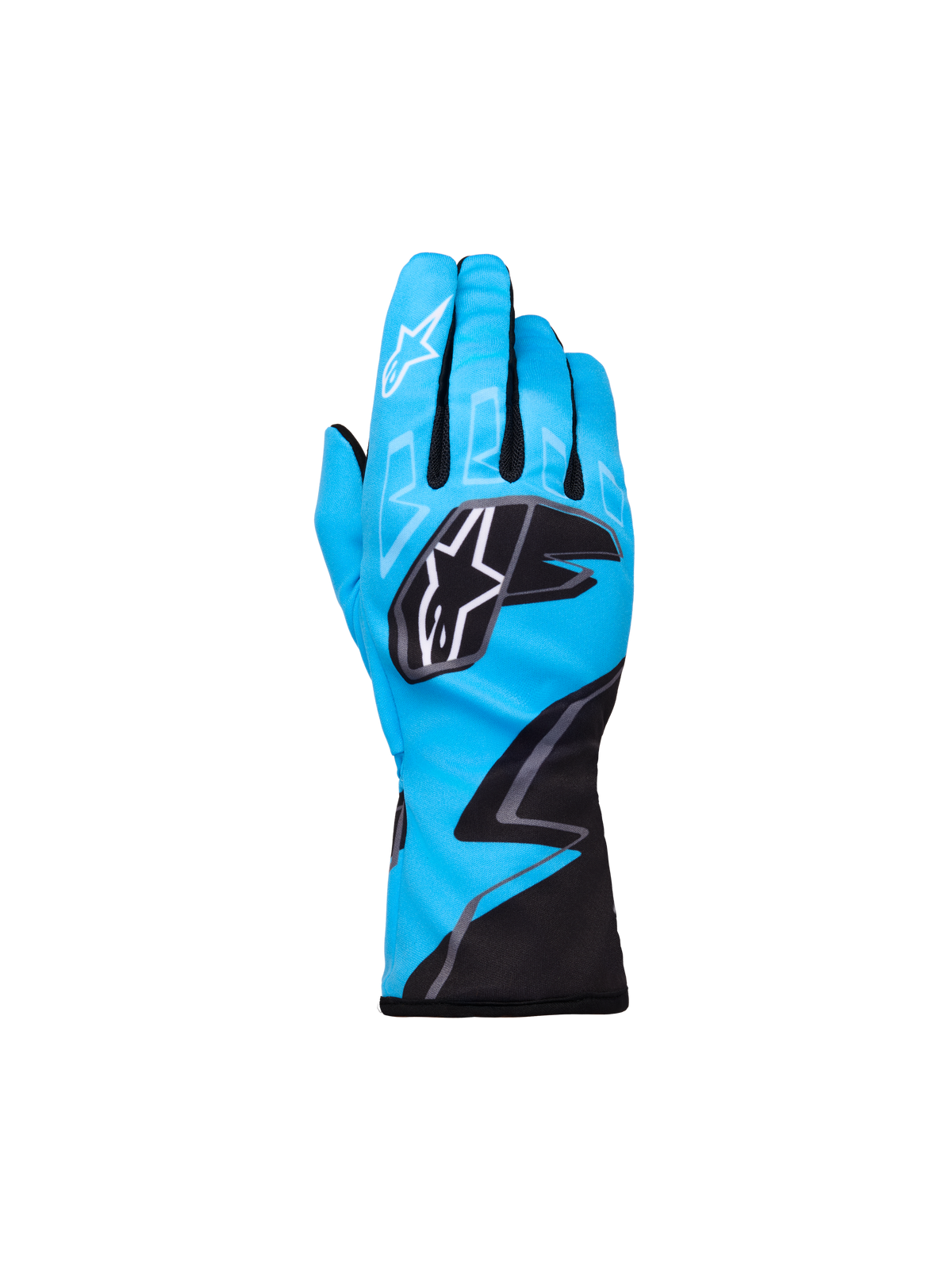 Luvas Alpinestars Youth Tech-1 K Race S V2 Graphic 1, luvas de karting, azul ciano com detalhes em preto e branco, logótipos de estrela Alpinestars nos nós dos dedos e no dedo indicador, padrão gráfico em ziguezague, proteção desportiva leve para jovens pilotos