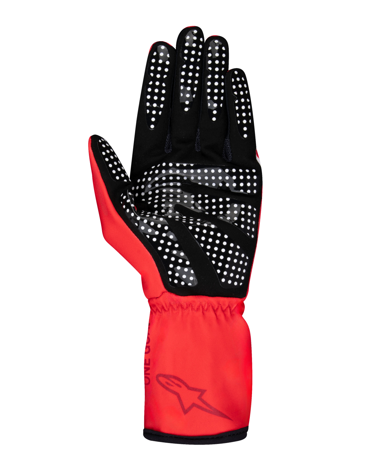 Alpinestars Youth Tech-1 K Race S V2 Pure Gloves, luvas de karting, vermelhas, vista da palma realçando a aderência de silicone pontilhado branco sobre camurça sintética preta, punho elástico com logótipo Alpinestars