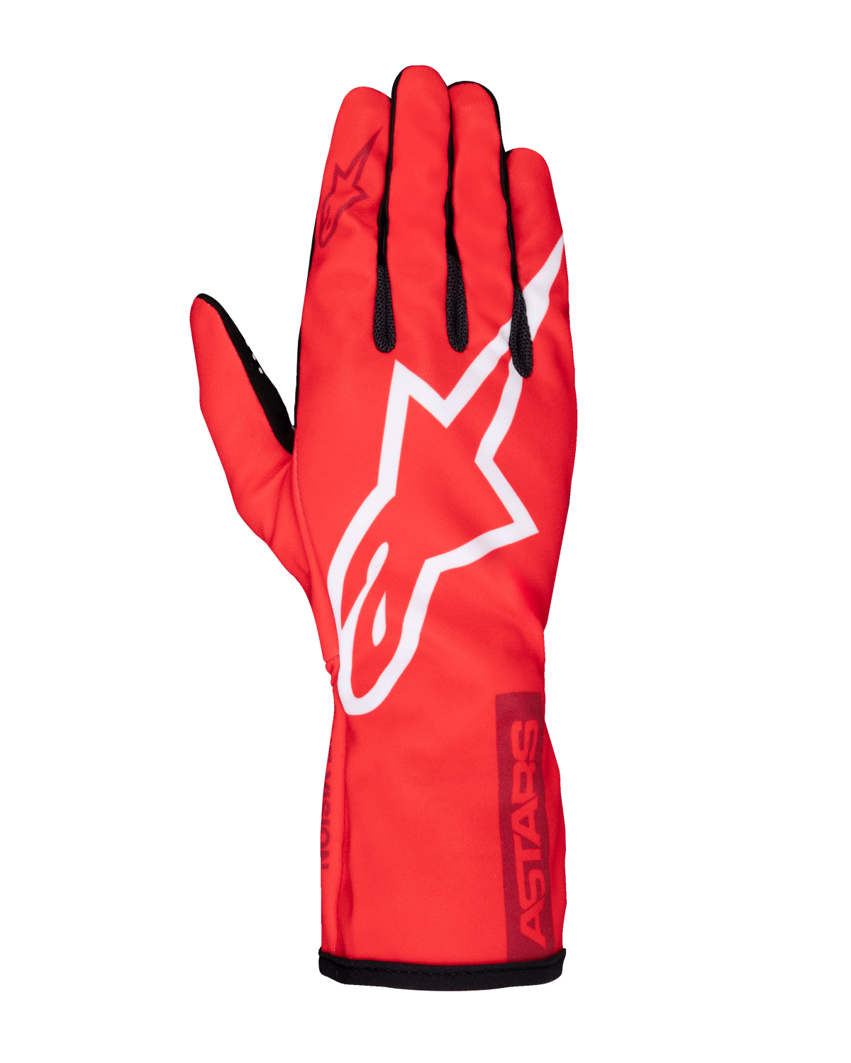 Luvas Alpinestars Youth Tech-1 K Race S V2 Pure, luvas de karting, vermelho vibrante com logótipo grande da estrela Alpinestars a branco, detalhes pretos nos dedos e no punho, construção leve em malha de poliéster para jovens pilotos, vista superior mostrando as costas da luva