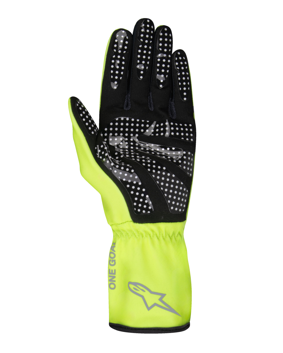Luvas Alpinestars Tech-1 K Race V2 Pure, luvas de karting, amarelo néon e preto, vista da palma com padrão de aderência em silicone de pontos brancos, logótipo Alpinestars cinzento e texto 'ONE GOAL' no punho, equipamento profissional para desportos motorizados