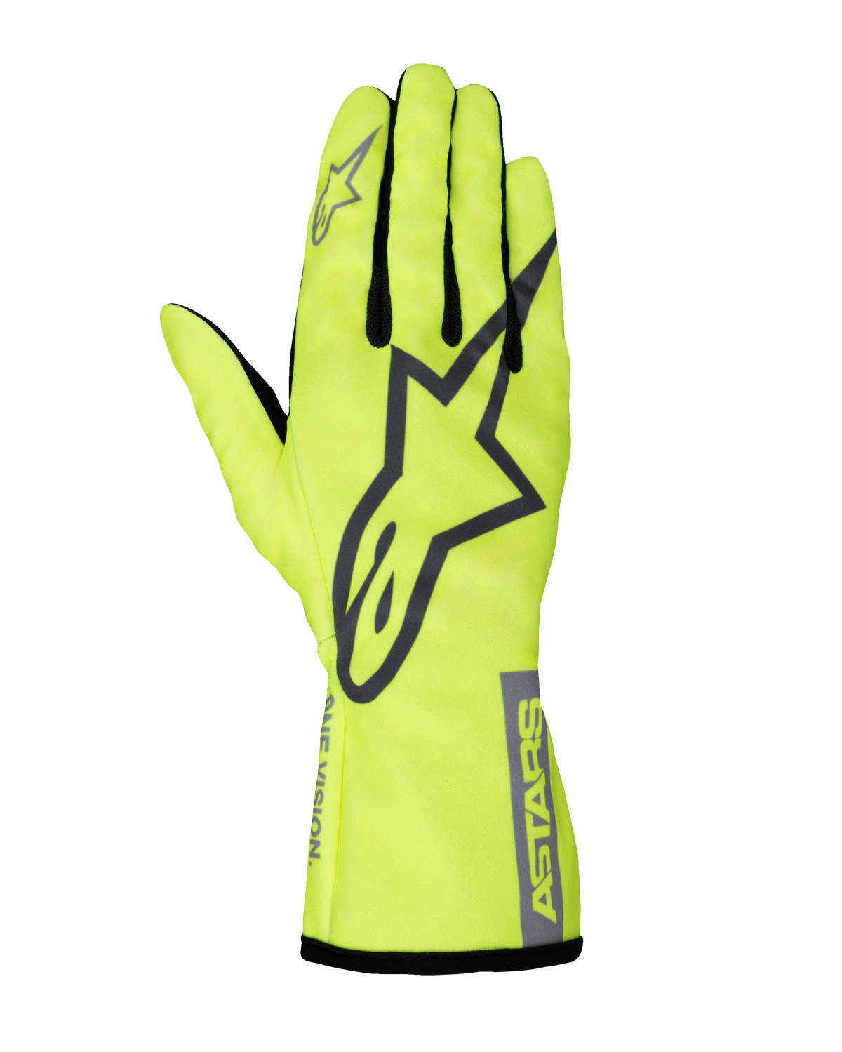 Luvas Alpinestars Tech-1 K Race V2 Pure, luvas de karting, amarelo fluorescente e cinzento, logótipo de estrela grande no dorso, entremeios dos dedos pretos, equipamento de desporto motorizado leve e de alta visibilidade