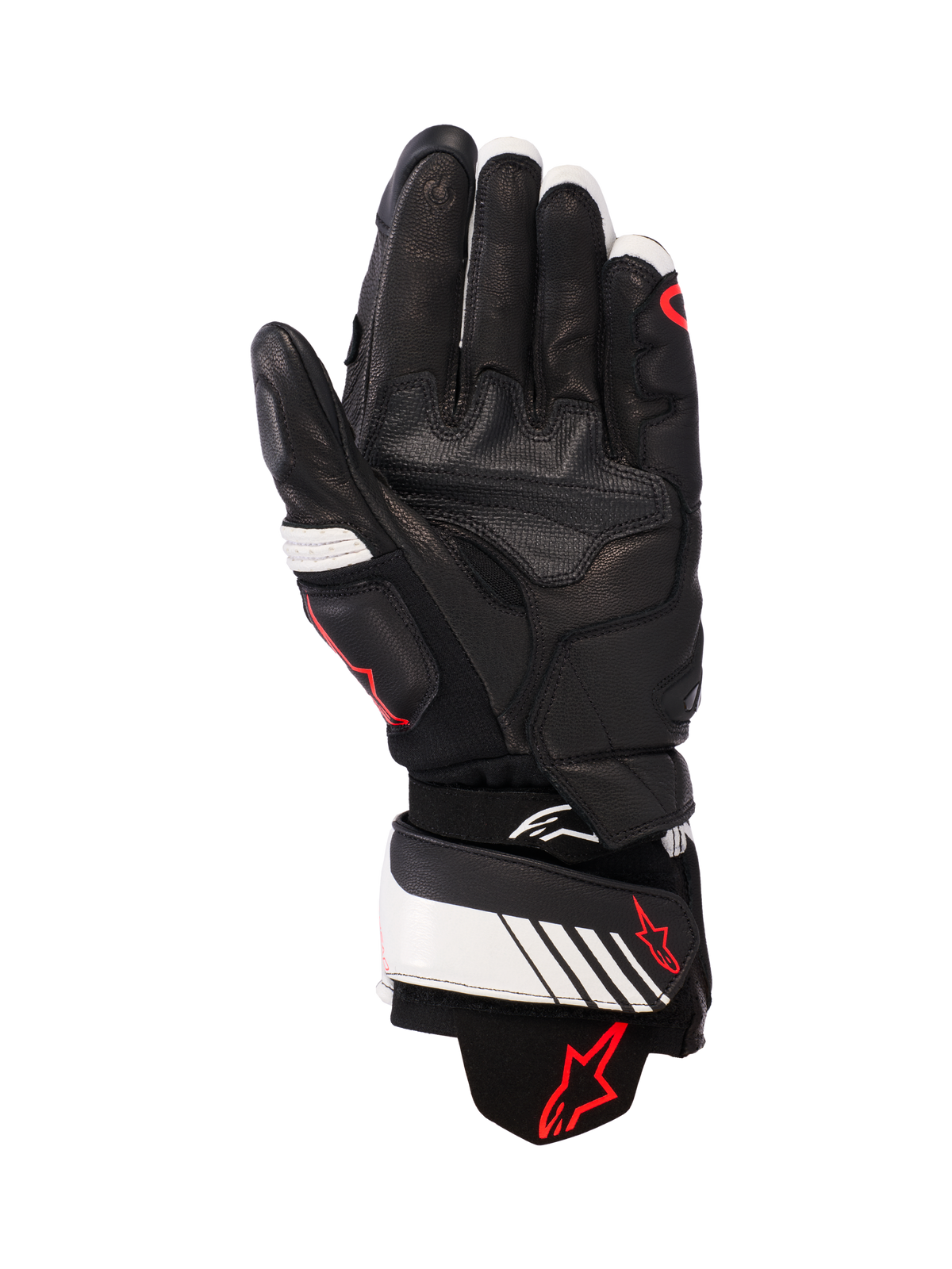 Luvas de Couro Alpinestars GP Plus R v3, pretas, brancas e vermelho fluo, vista da palma mostrando a construção integral em pele com acolchoamento reforçado, tira de pulso branca com logótipo Alpinestars vermelho, equipamento de proteção para motociclistas inspirado na competição