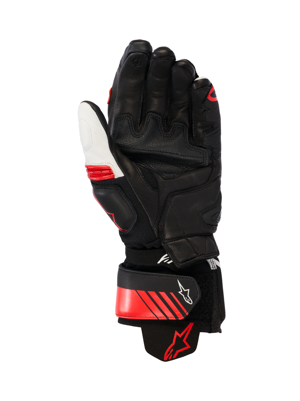 Luvas de Couro Alpinestars GP Plus R V3, luvas de motociclismo de competição/desportivas, pretas, brancas e vermelho brilhante, vista da palma mostrando a construção em couro reforçado, deslizadores de palma e punho elástico em aramida, com correia de pulso segura com logótipo Alpinestars e design ergonómico pré-curvado