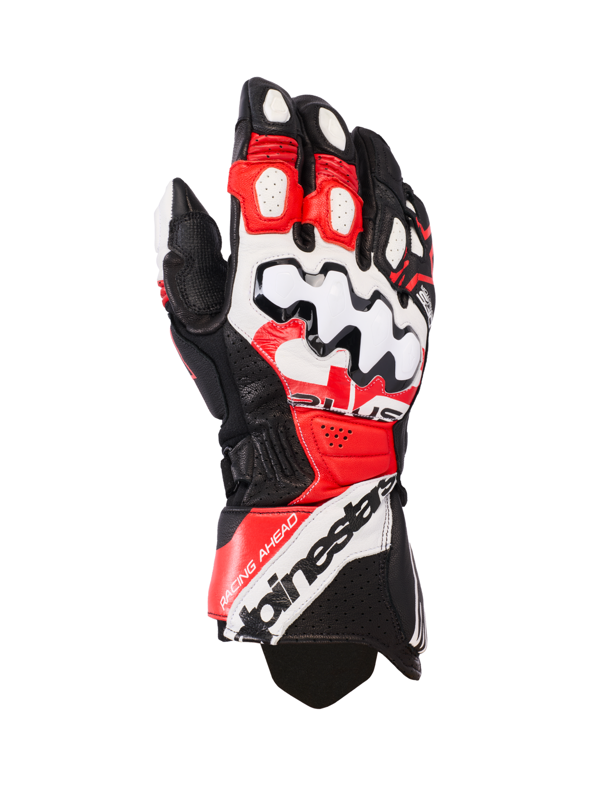 Luvas de pele Alpinestars GP Plus R V3, luvas de corrida para motociclismo, preto, branco e vermelho vivo, com protetor de articulações branco grande com padrões de ondas pretas, painéis de pele perfurada para ventilação e logótipo Alpinestars no punho