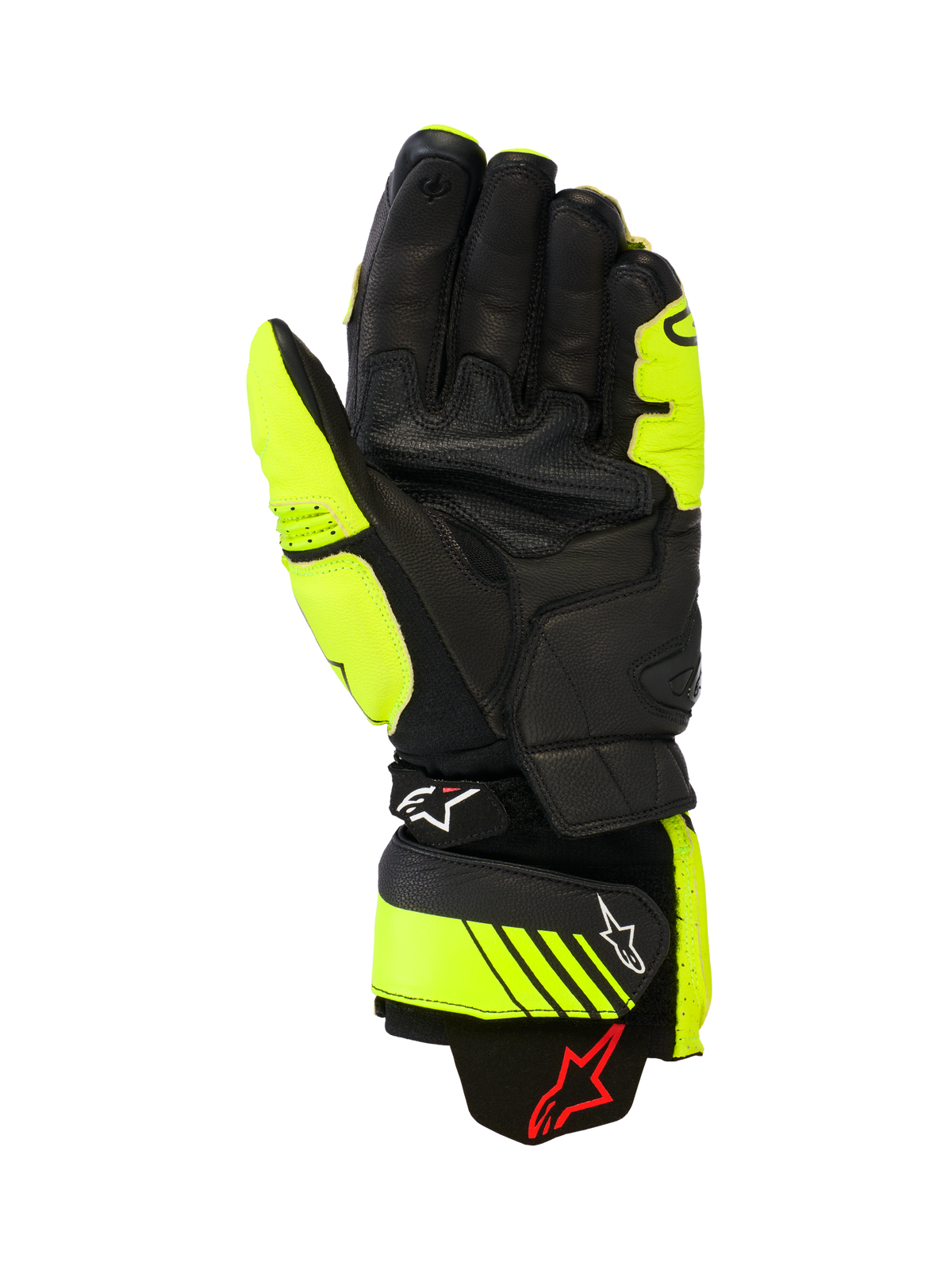 Alpinestars GP Plus R V3 Leather Gloves, luvas de motociclismo de corrida e desporto, amarelo néon e preto, vista da palma mostrando a construção em pele, áreas de aderência reforçadas e tiras de ajuste no punho com a marca Alpinestars, equipamento de pista de alta performance