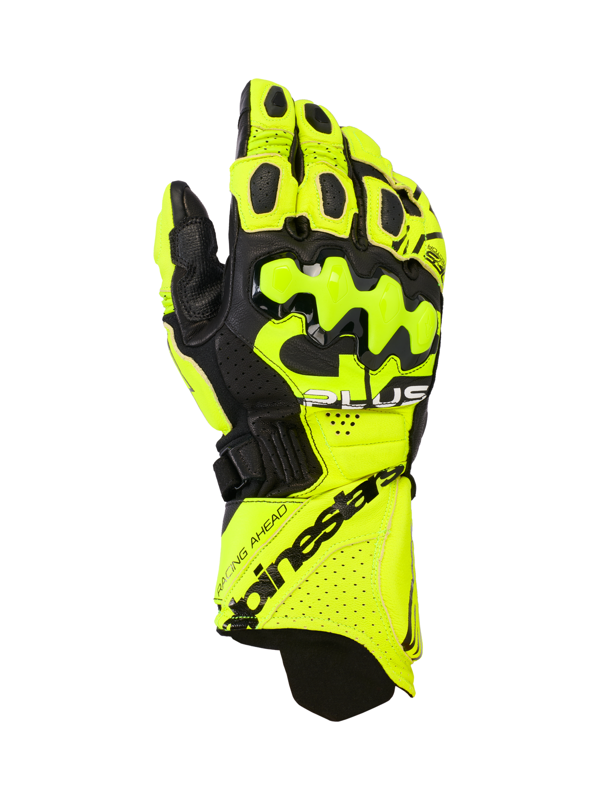 Luvas de pele Alpinestars GP Plus R V3, luvas de corrida para motociclismo, amarelo fluo e preto, com proteções rígidas nos nós dos dedos, zonas de ventilação perfuradas e fecho de punho seguro com marca em destaque.