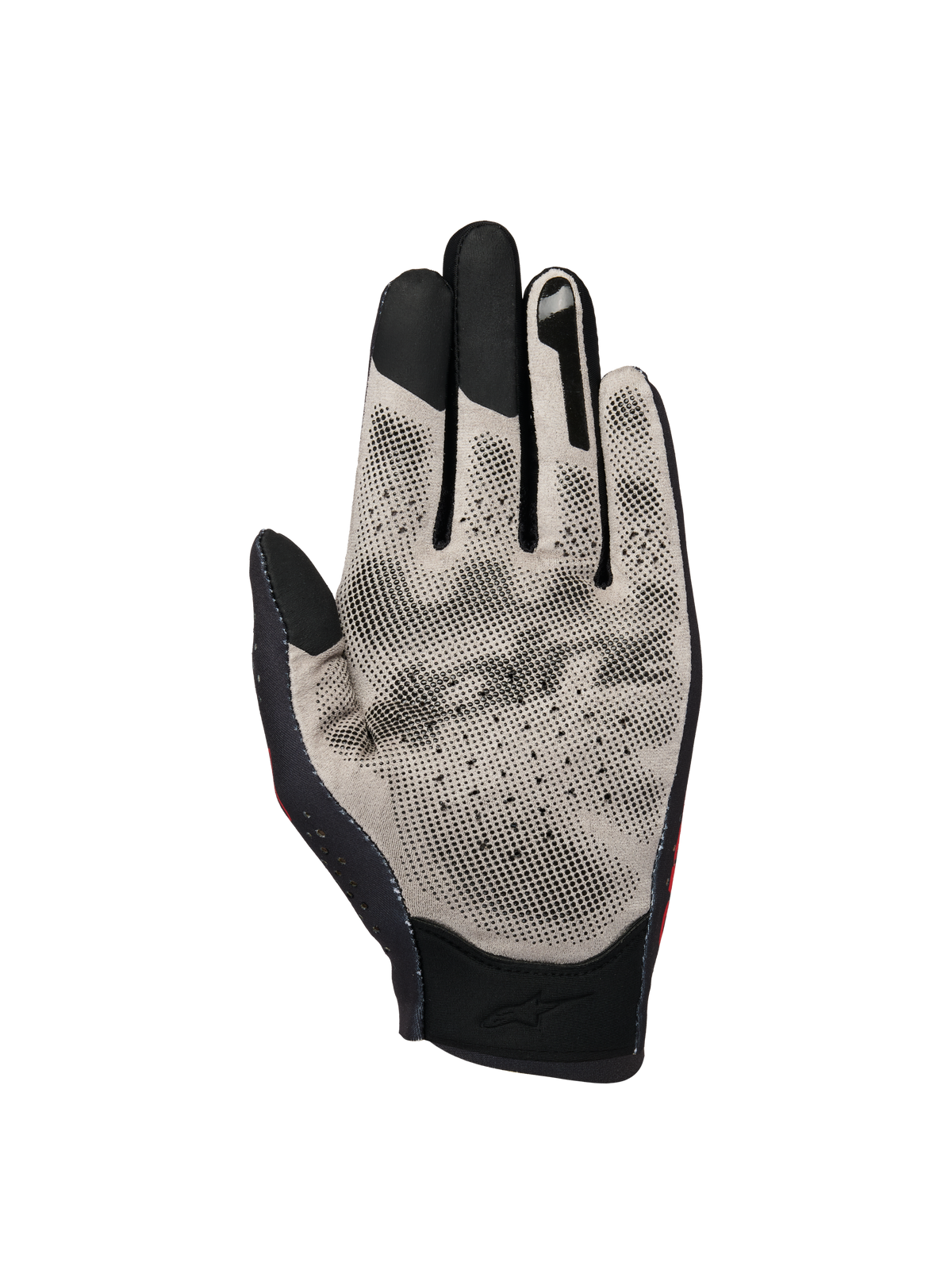 Alpinestars Sim Gloves Graphic 1, luvas de SIM racing, vista da palma em cinzento claro e preto, com tecido Nanofront e padrão de aderência 3D texturizado, pontas dos dedos compatíveis com ecrãs táteis e design perfurado respirável