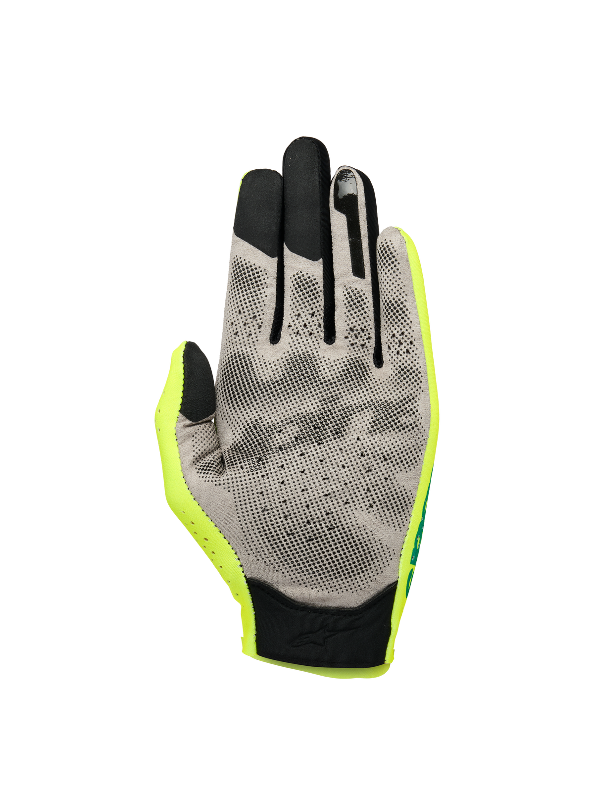 Alpinestars Sim Gloves Graphic 1, luvas de SIM racing, amarelo néon, preto e turquesa, vista da palma mostrando material Nanofront® cinzento com padrão de aderência 3D preto, pontas dos dedos compatíveis com ecrãs táteis e construção em têxtil leve