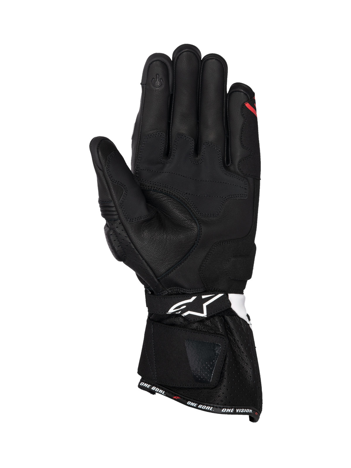 Alpinestars Luvas SP-3, luvas de moto para corrida para homem, pretas com detalhes brancos e vermelhos, construção em couro integral, vista da palma com punho longo e ponta compatível com ecrã tátil