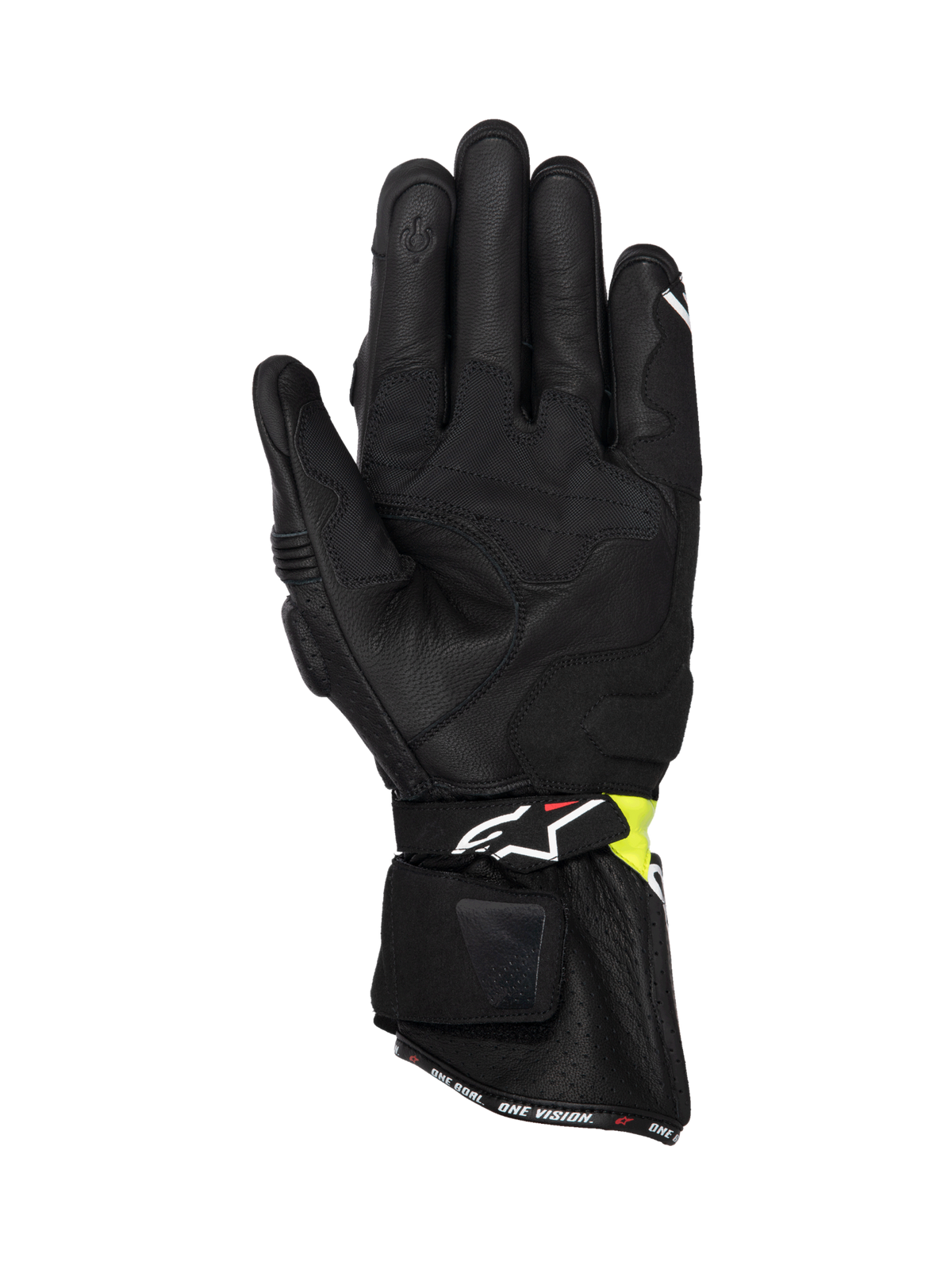 Alpinestars SP-3, luvas de moto para corrida para homem, pretas e amarelo fluo, vista da palma em couro de cabra premium, punho longo, dedo indicador compatível com ecrã tátil, certificadas CE
