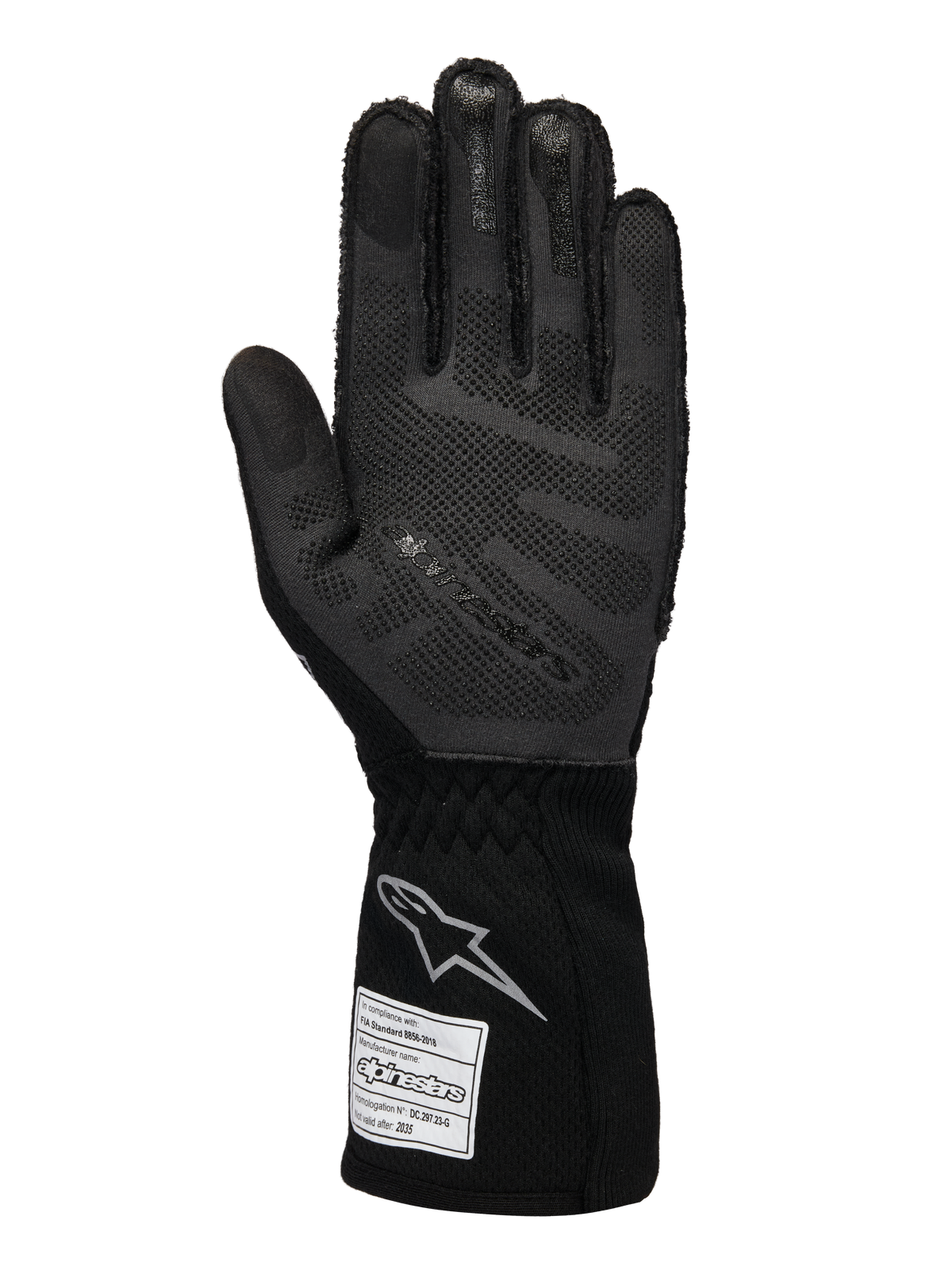 Luvas Alpinestars Limited Edition Lamborghini Tech-1 ZX V4, luvas de automobilismo, pretas e cinzento escuro, vista da palma com tecnologia de aderência em silicone 3D, logótipo prateado no punho, etiqueta de homologação FIA, equipamento profissional de automobilismo