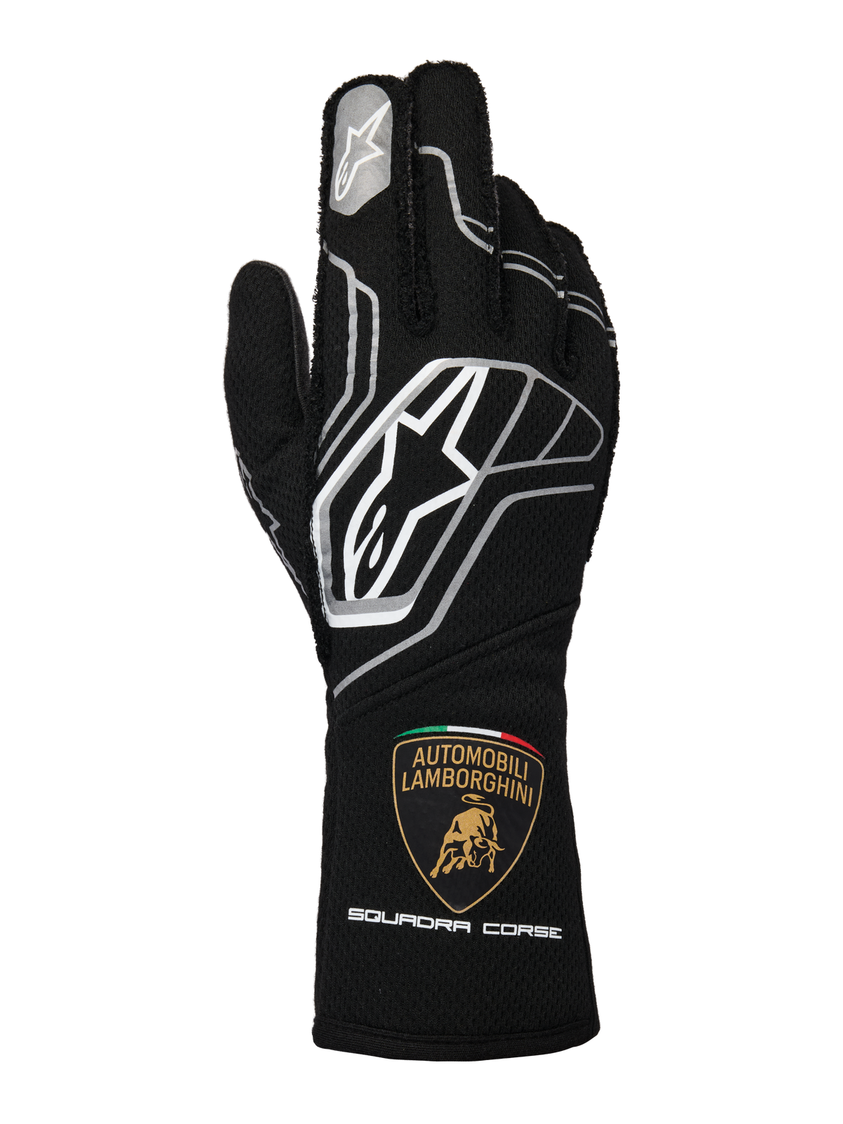 Luvas Alpinestars Edição Limitada Lamborghini Tech-1 ZX V4, pretas com detalhes em cinzento escuro e branco, com o logótipo Alpinestars em destaque e o escudo Automobili Lamborghini Squadra Corse no punho, luvas de corrida automóvel profissionais com certificação FIA