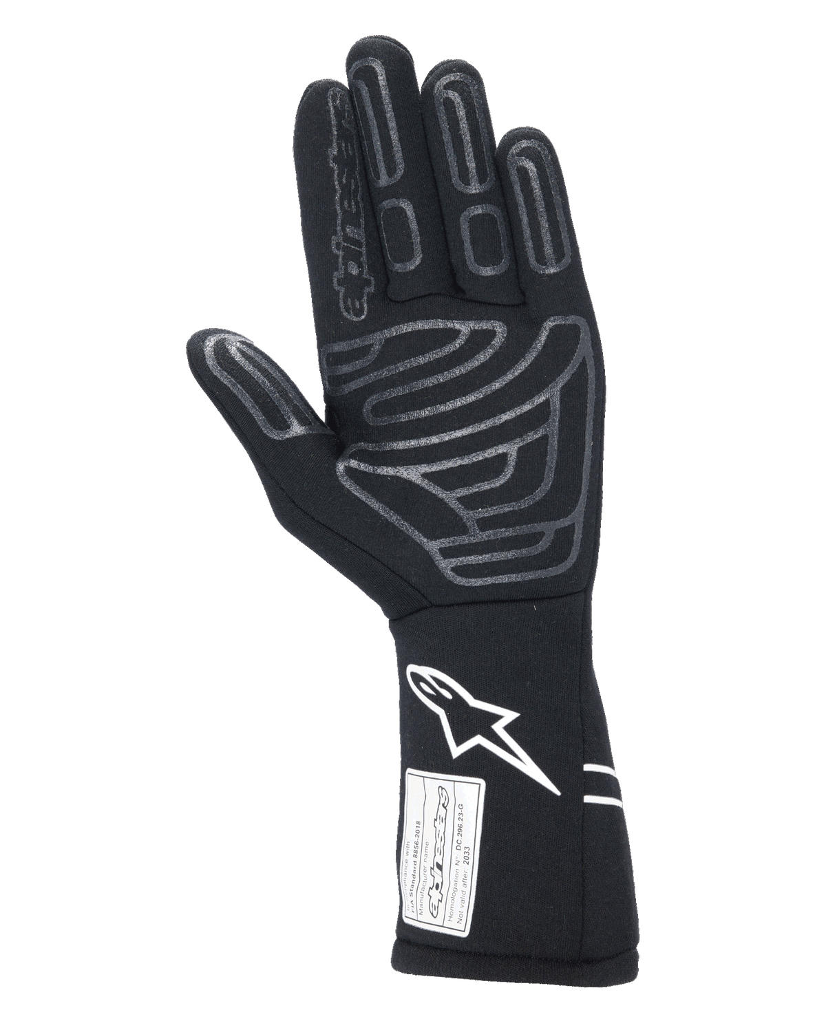 Alpinestars Tech-1 Start V4 Gloves FIA, luva de automobilismo preta, vista da palma com padrões de aderência em silicone cinzento nos dedos e na palma, logótipo Astars branco no punho estendido, etiqueta de certificação FIA, equipamento profissional de desportos motorizados