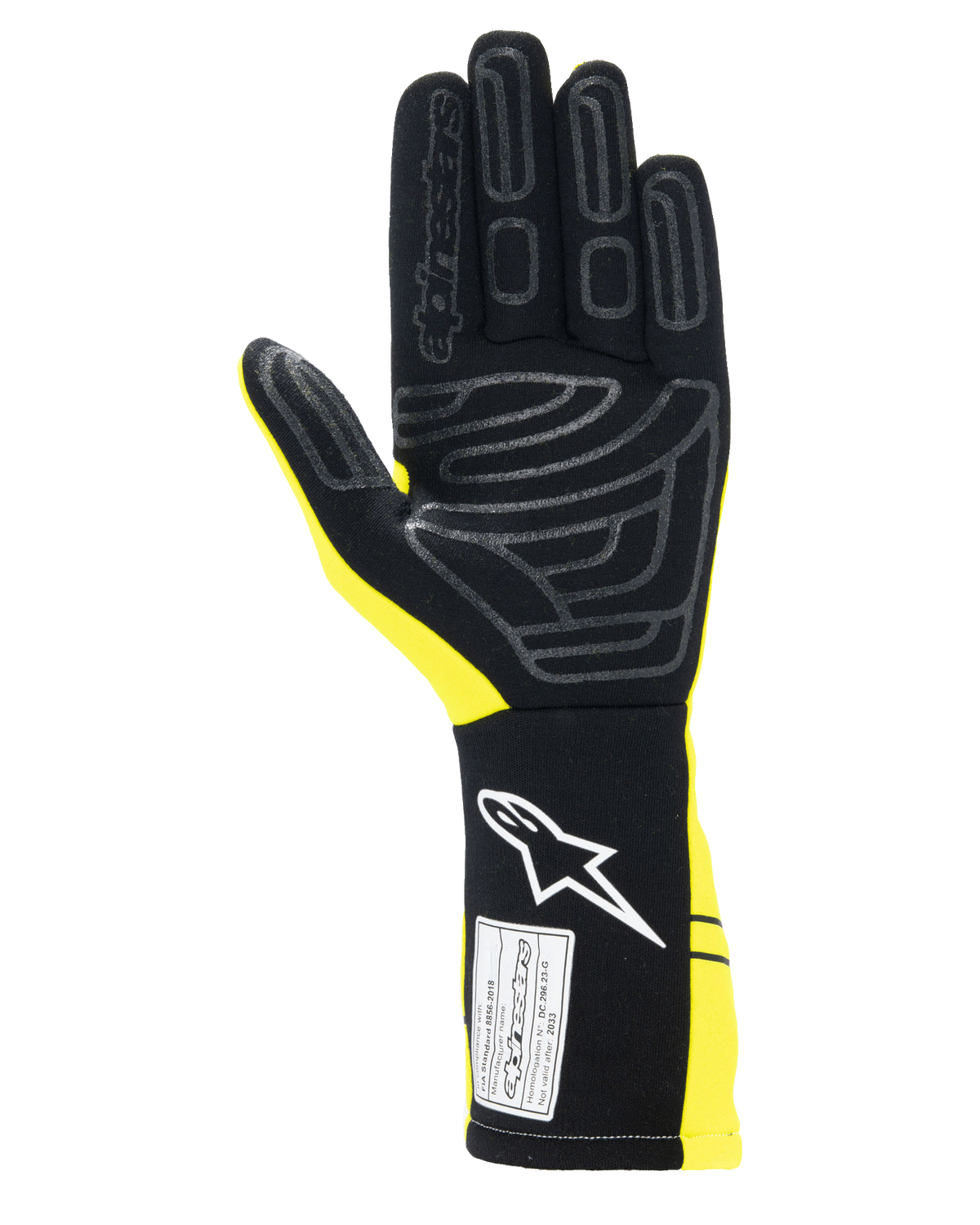 Alpinestars Tech-1 Start V4 Gloves FIA, luvas de automobilismo, amarelo néon e preto, vista da palma com padrões de aderência em silicone, punho estendido com logótipo branco e etiqueta de certificação FIA