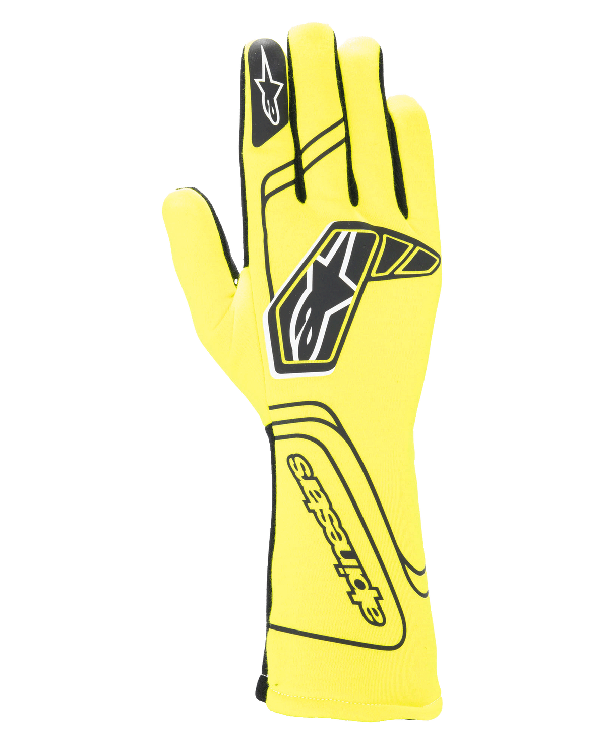 Alpinestars Tech-1 Start V4 Gloves FIA, luvas de automobilismo, amarelo néon e preto, com um grande logótipo de estrela preto no dorso, construção dos dedos sem costuras e punho estendido para proteção contra o fogo, equipamento de desporto motorizado com homologação FIA