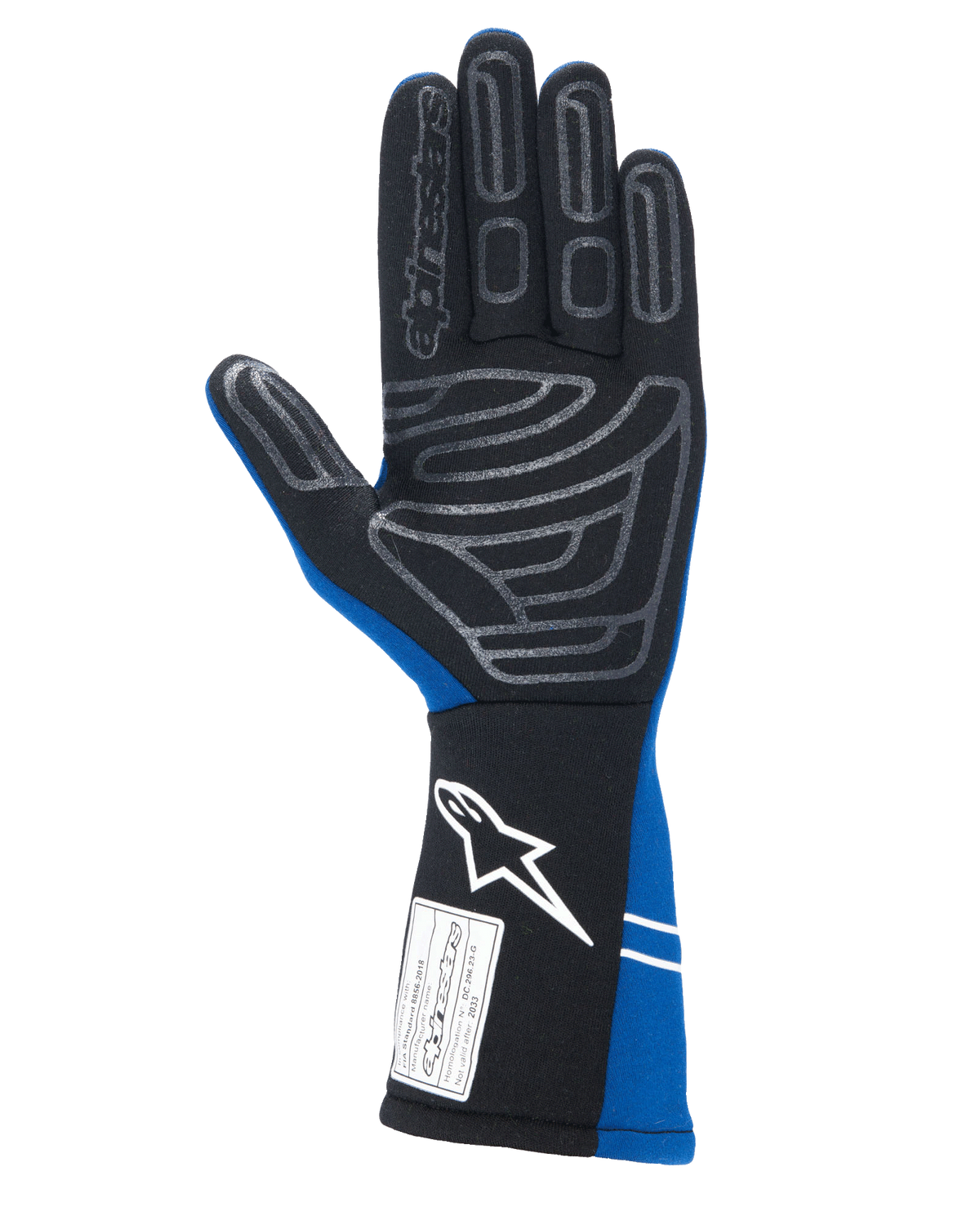 Alpinestars Tech-1 Start V4 Gloves FIA, luvas de automobilismo, azul royal e preto, vista da palma com padrão de aderência em silicone cinzento nos dedos e na palma, punho estendido com logótipo branco e etiqueta de homologação FIA