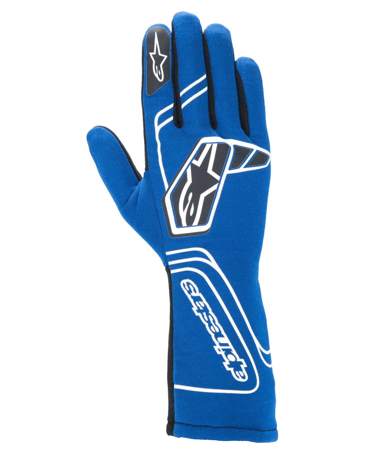 Alpinestars Tech-1 Start V4 Gloves FIA, luvas de corrida automóvel, azul royal com detalhes geométricos brancos e logótipos de estrela pretos, punho estendido com texto vertical, construção sem costura e certificação FIA