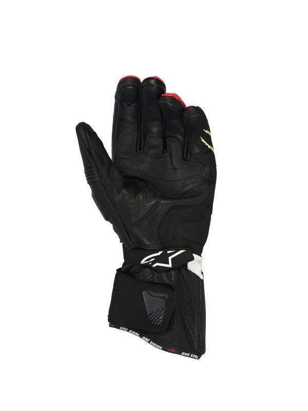 Alpinestars FQ20 SP-3 Monster Gloves, Palm side view, Black goat leather construction with reinforced palm pads, long gauntlet cuff featuring 'ONE GOAL. ONE VISION.' text, dual closure system with Alpinestars logo on the wrist strap, racing and sport motorcycle gear.