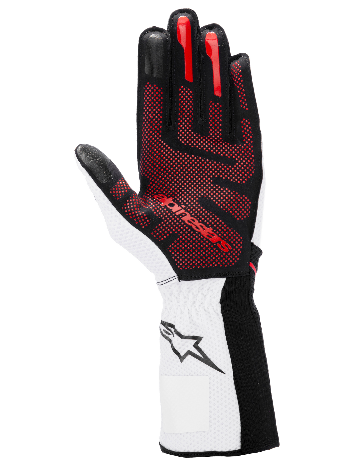 Luvas Alpinestars Tech-1 KX V4, luvas de karting, pretas, brancas e vermelhas, vista da palma com padrão de aderência em silicone 3D vermelho, punho branco com logótipo de estrela preto, design de desporto motorizado de alta performance