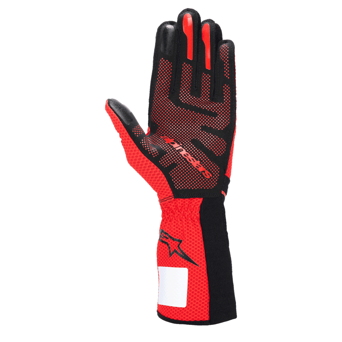Luvas Alpinestars Tech-1 KX V4, Luvas de Karting, pretas e vermelhas, vista da palma com padrão de aderência em silicone 3D, tecido de malha vermelha respirável e etiqueta de identificação branca no pulso