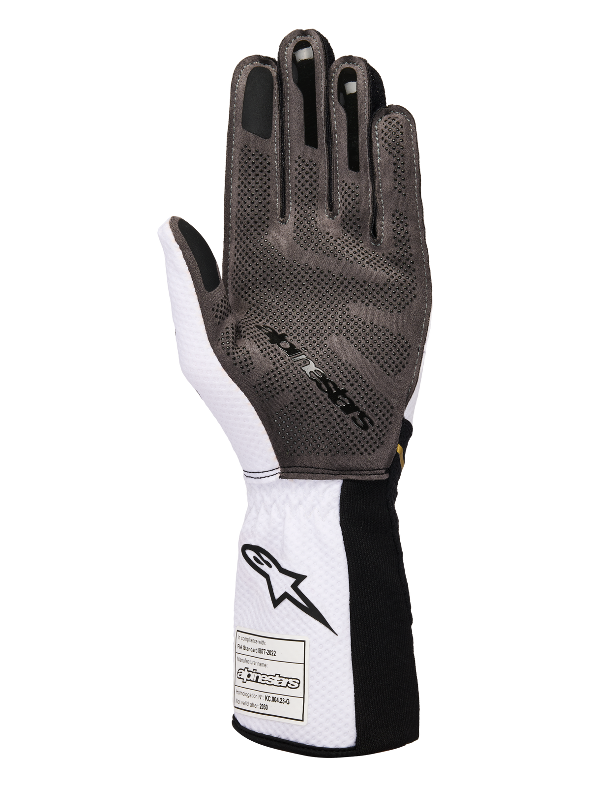 Luvas Alpinestars Tech-1 KX V4, luvas de karting, brancas, pretas e douradas, vista da palma mostrando o padrão de aderência em silicone 3D, construção em malha branca respirável e etiqueta de certificação FIA 8877-2022 no punho
