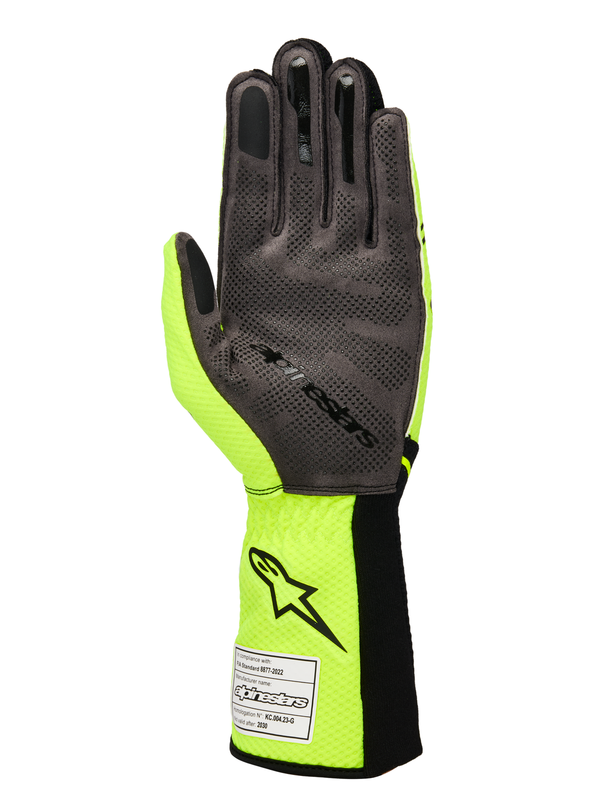 Luvas Alpinestars Tech-1 KX V4, luvas de karting, amarelo fluo e preto, vista da palma em camurça sintética cinzenta com padrão de aderência em silicone 3D, etiqueta de homologação FIA no punho canelado, design de alta performance para competição